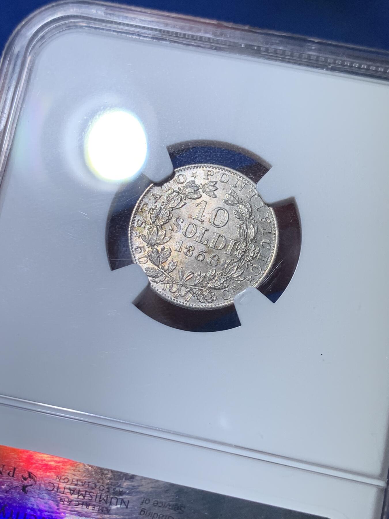 《竞宝斋》第313场 周日，周一 2场连拍 （全场包邮） NGC MS64 梵蒂冈 教皇国 1868年 教皇庇护九世 10SOL 银币