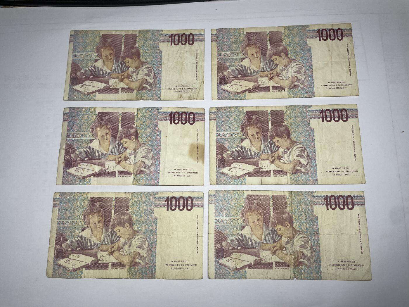 2024年集古藏今外币拍卖第十五期-第10场—（总第150拍-纸币专场），本期拍完结算一次，发货时间星期一，10.1国庆节休息七天，10.8号后继续新的一期拍卖。 意大利1000里拉6张02