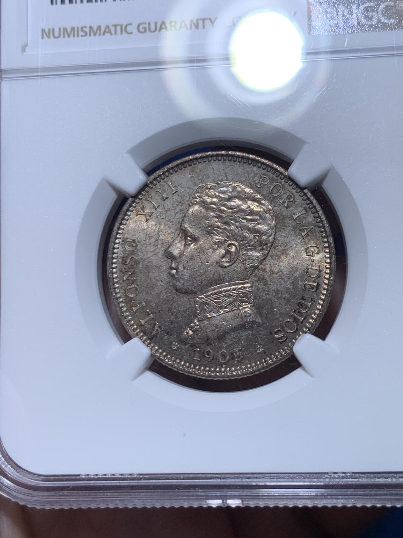 《竞宝斋》第313场 周日，周一 2场连拍 （全场包邮） NGC MS65 西班牙1905阿方索十三世2比塞塔银币