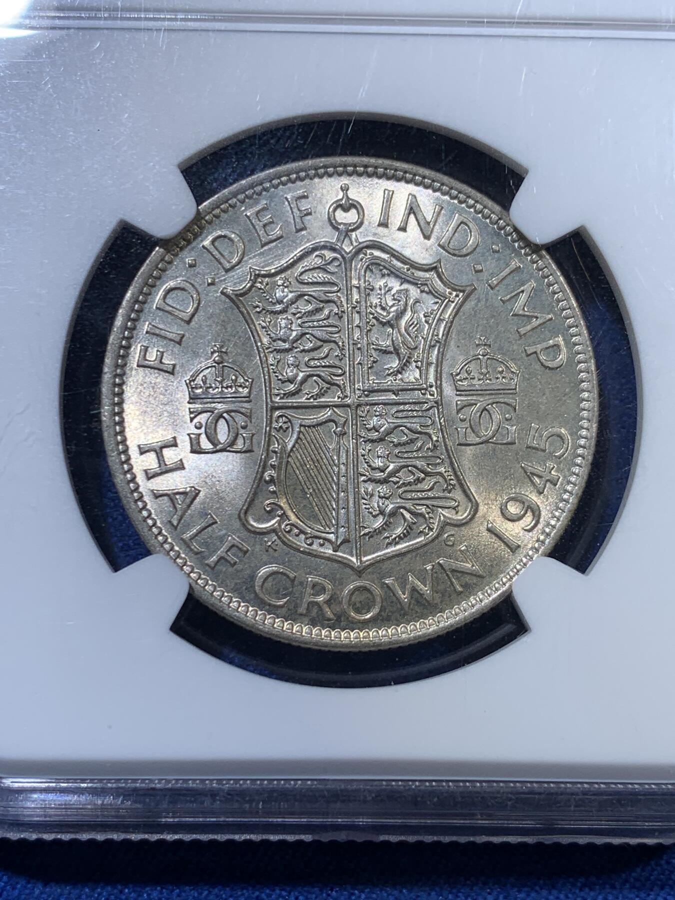 《竞宝斋》第313场 周日，周一 2场连拍 （全场包邮） NGC MS63 英国 1945年 乔治六世 1/2克朗 半克朗 银币 淡黄彩