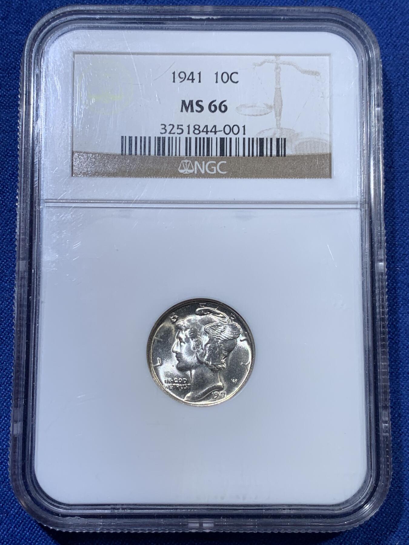 《竞宝斋》第313场 周日，周一 2场连拍 （全场包邮） NGC MS66 美国1941年小飞人10美分银币