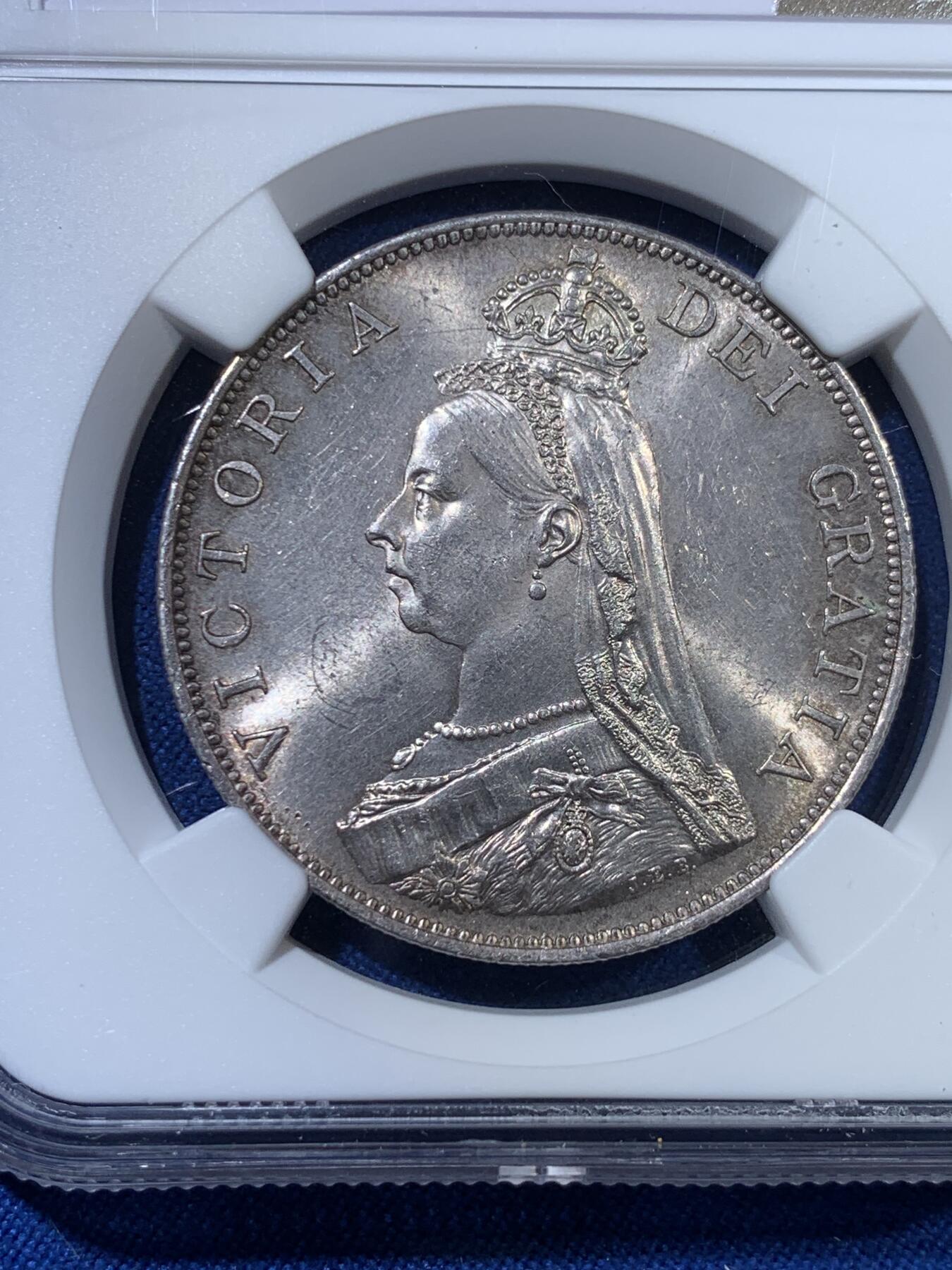 《竞宝斋》第313场 周日，周一 2场连拍 （全场包邮） NGC MS63 英国1887年维多利亚高冠4先令双弗洛林大银币