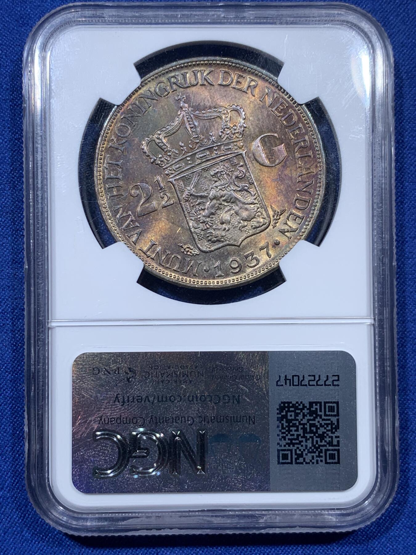 《竞宝斋》第313场 周日，周一 2场连拍 （全场包邮） NGC MS62 五彩状态荷兰1937年威廉明娜女王2.5盾大银币