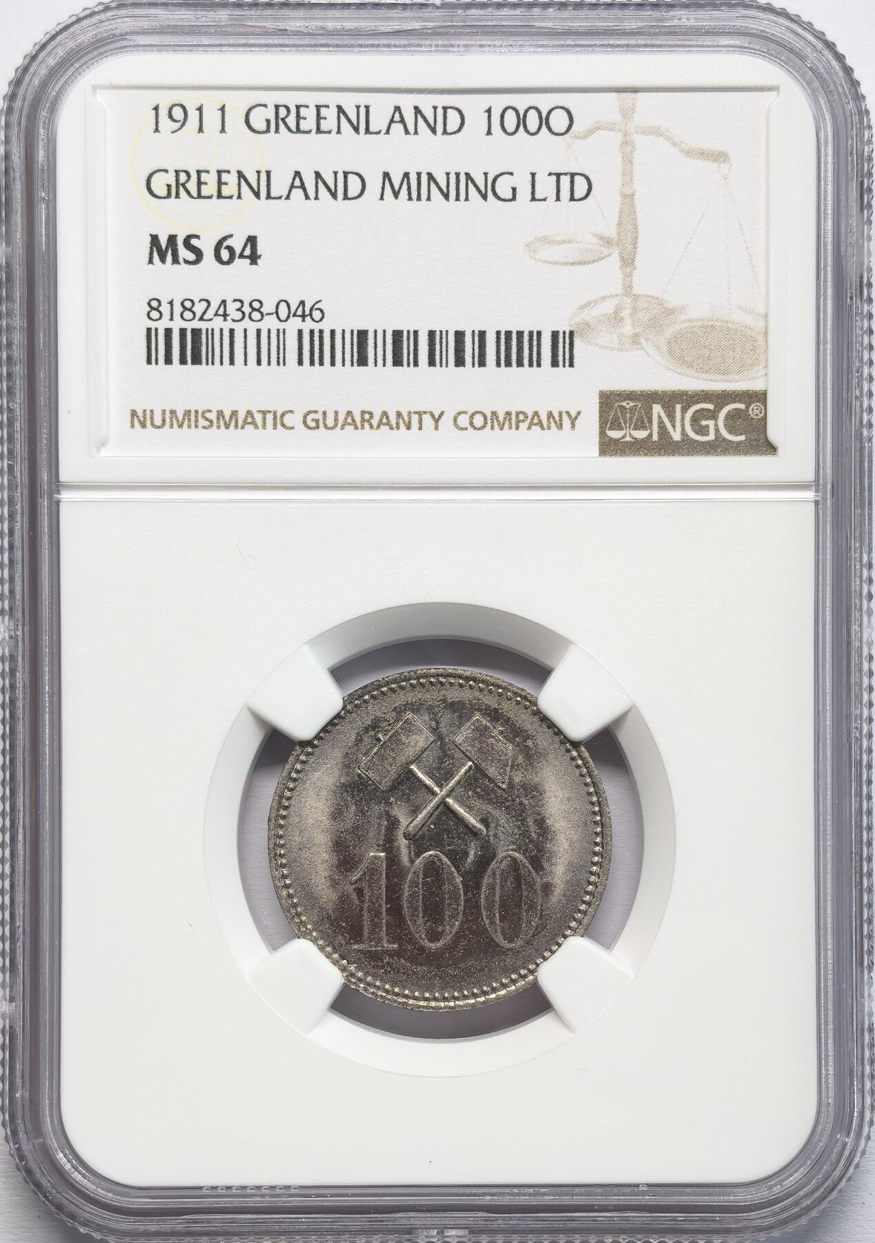 FXS世界钱币微拍第二百八十七期 1911格陵兰矿业公司100欧尔代用币NGC-MS64