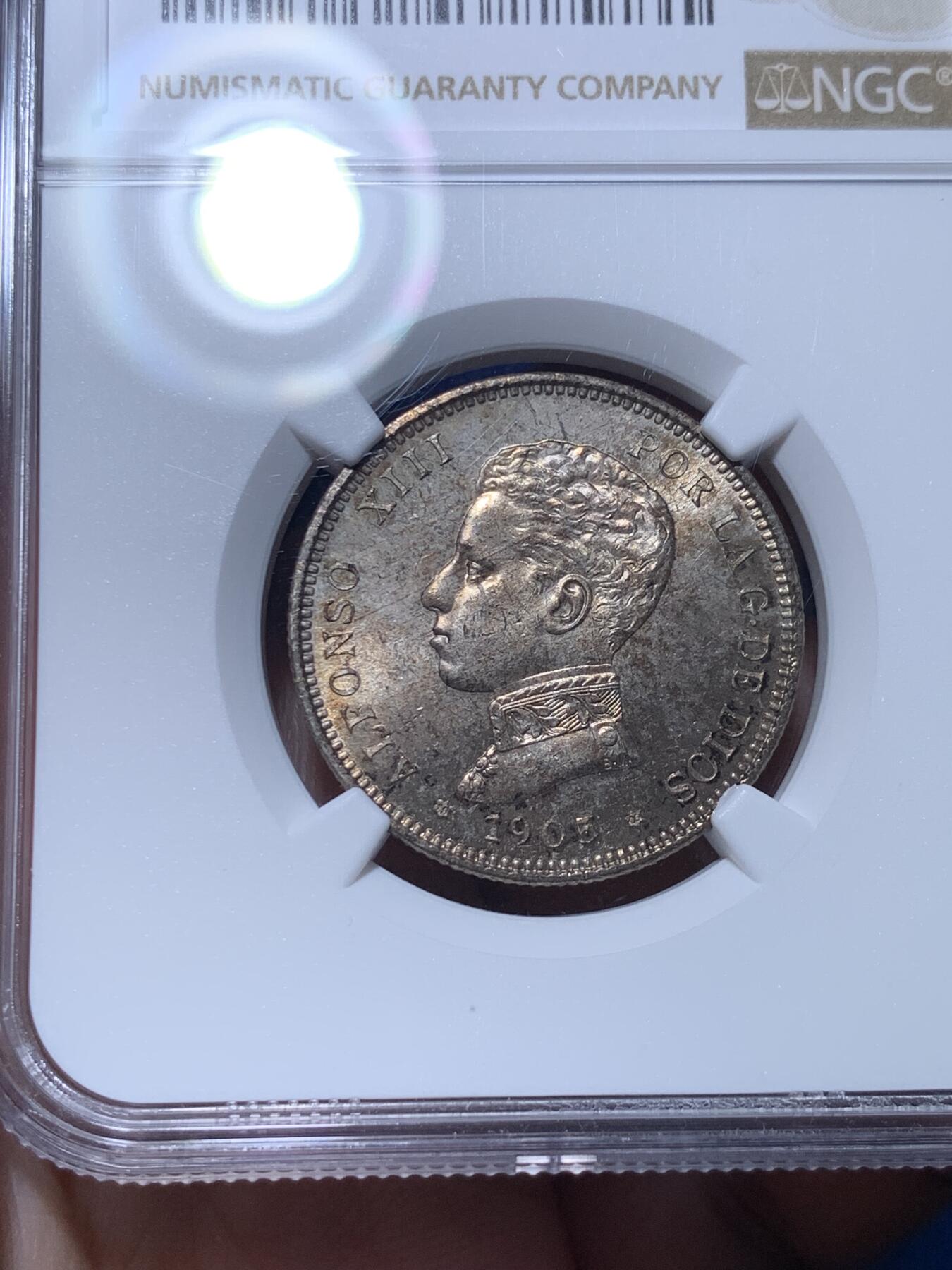 《竞宝斋》第313场 周日，周一 2场连拍 （全场包邮） NGC MS65 西班牙1905阿方索十三世2比塞塔银币