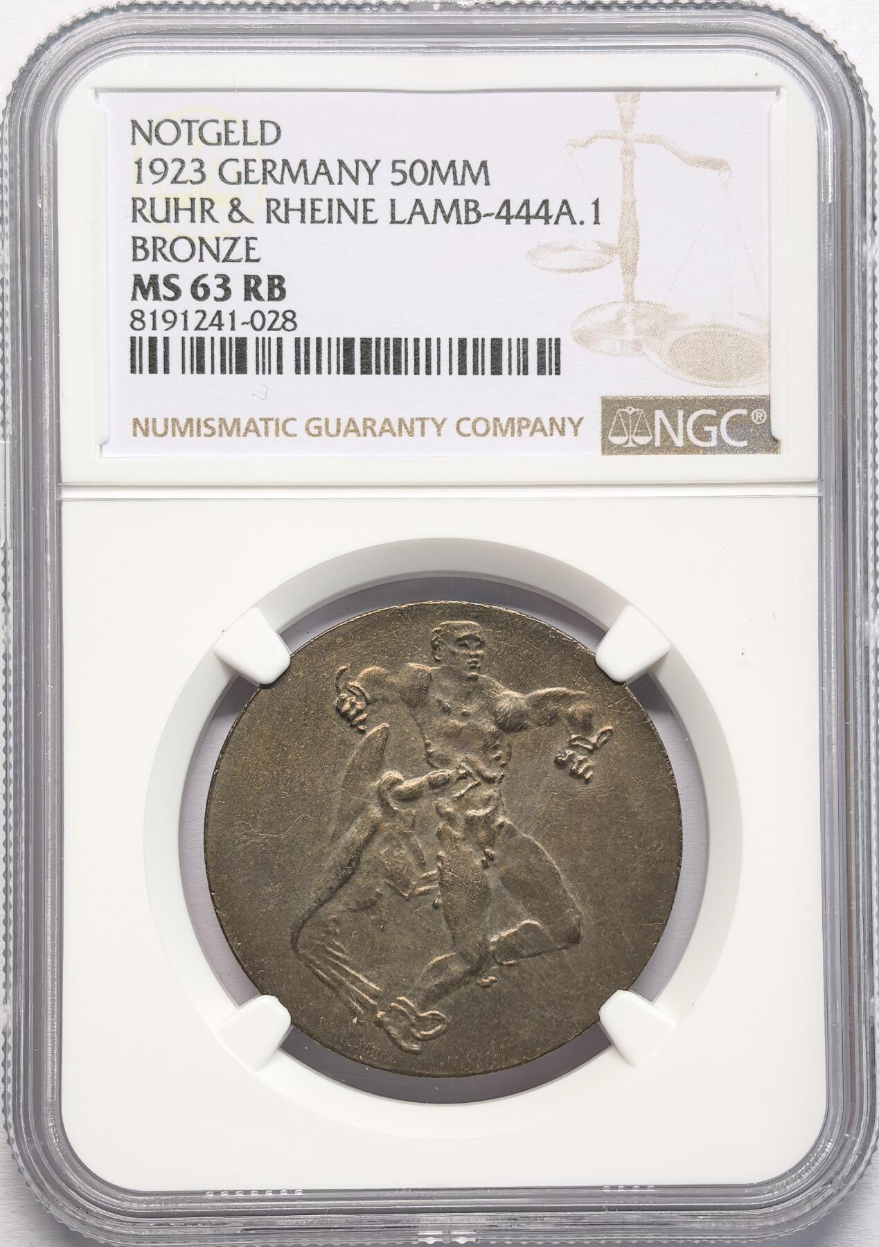 凡希社世界钱币第二百八十五期（秋季大拍②） 1923德紧鲁尔莱茵5千万马克铜币NGC-MS63，稀见品种！