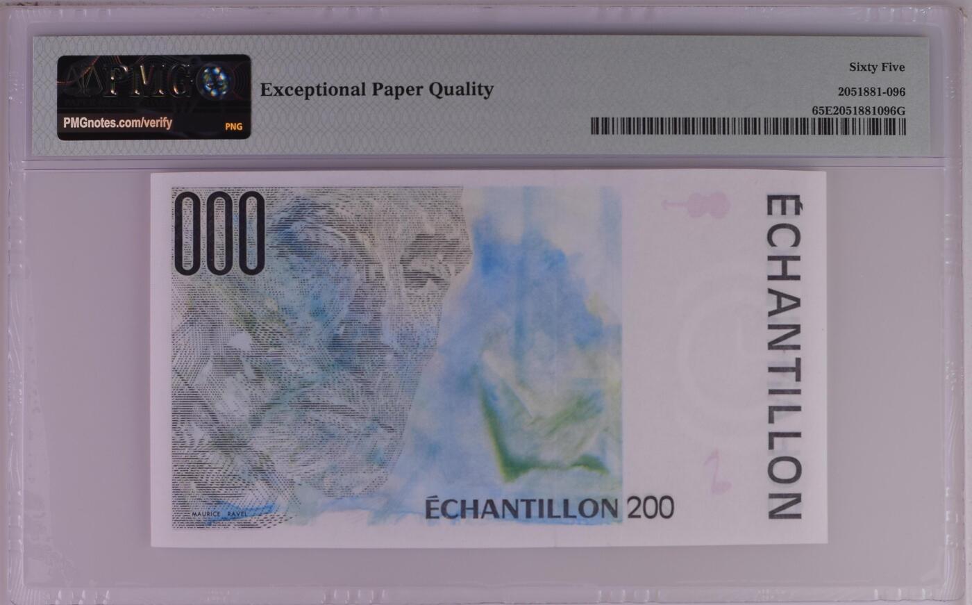 收藏联盟Quantum Auction 第380期拍卖  法国央行200 Units莫里斯.拉威尔纪念测试钞 PMG65