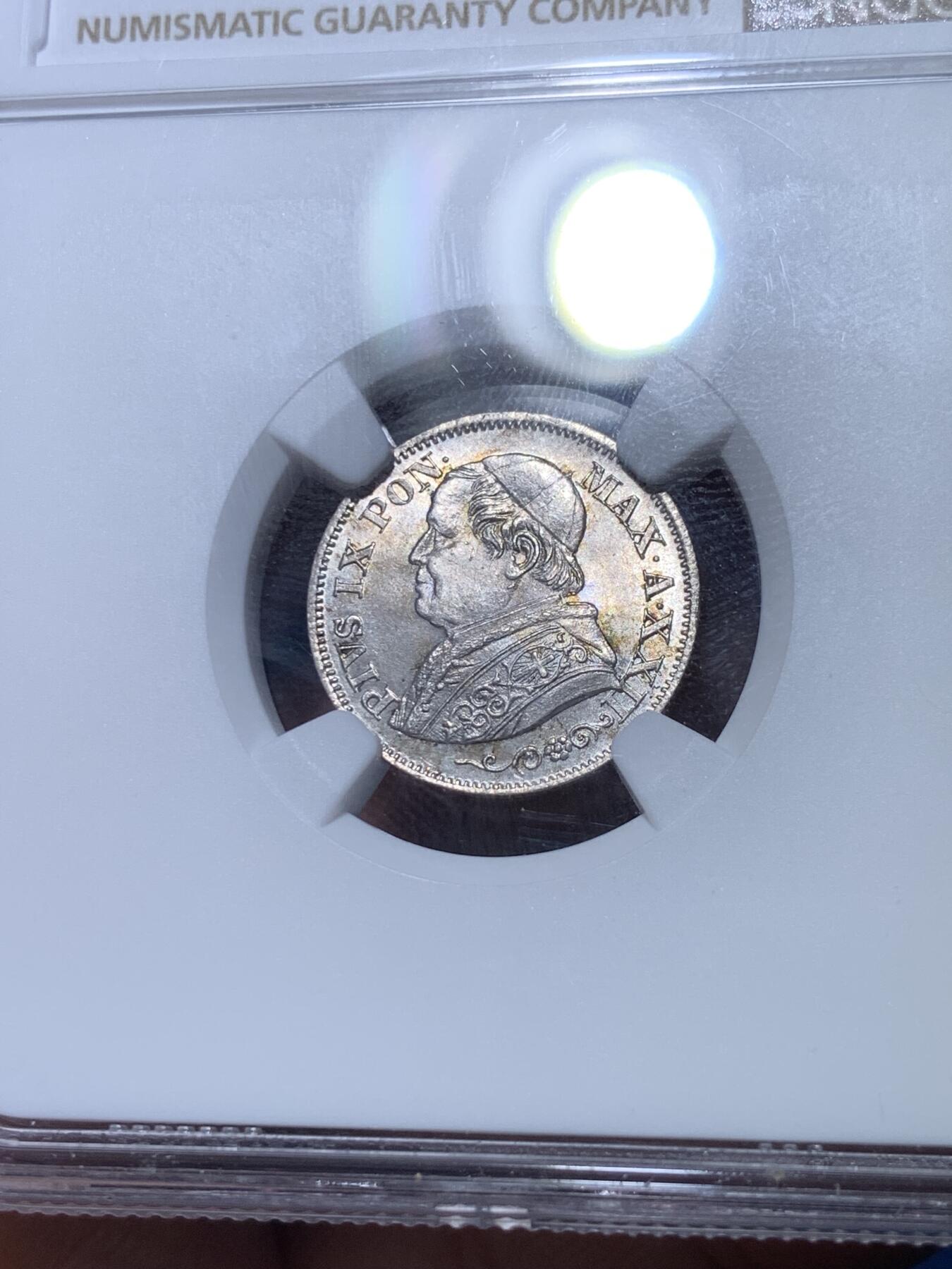 《竞宝斋》第313场 周日，周一 2场连拍 （全场包邮） NGC MS64 梵蒂冈 教皇国 1868年 教皇庇护九世 10SOL 银币