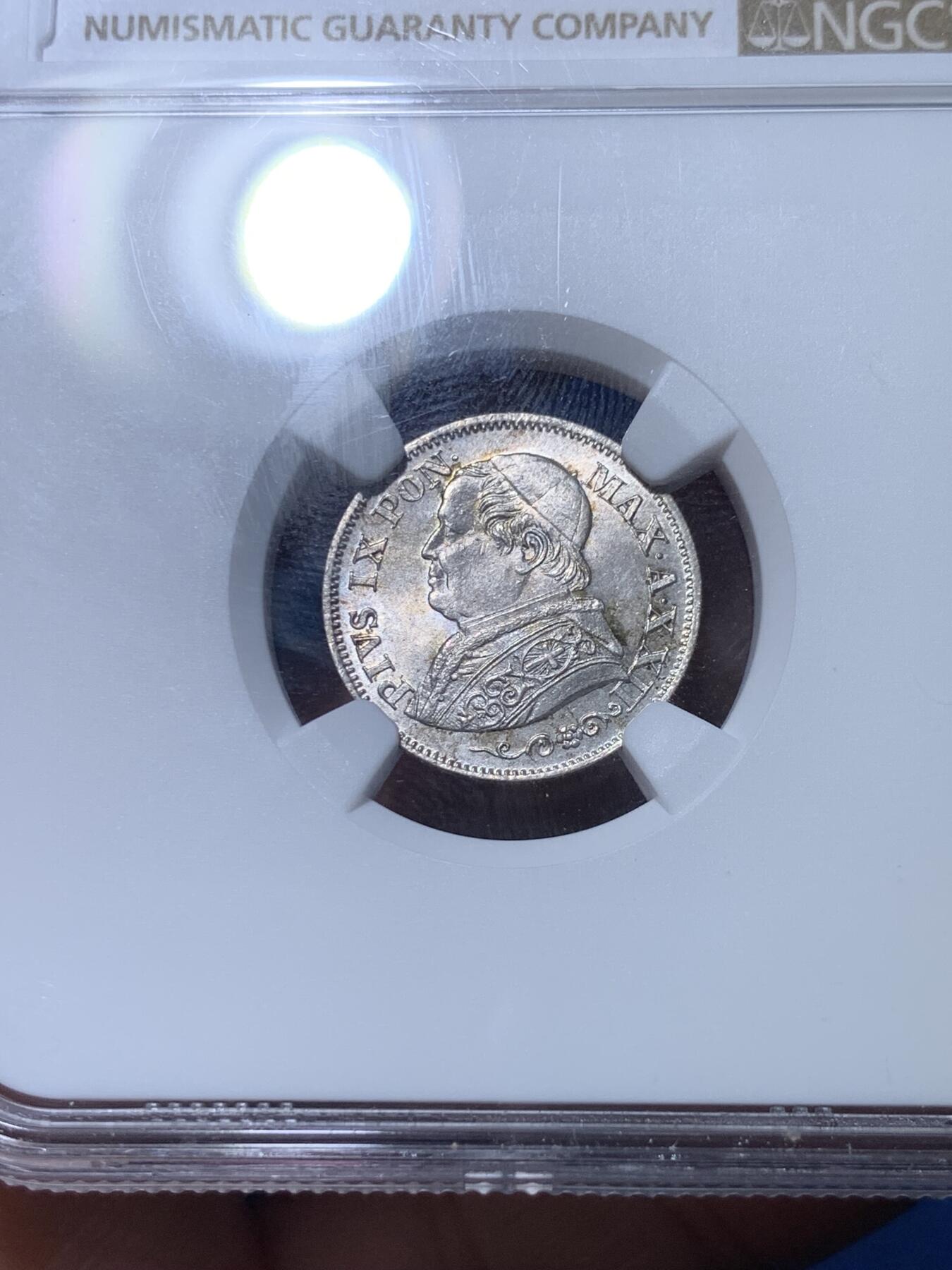 《竞宝斋》第313场 周日，周一 2场连拍 （全场包邮） NGC MS64 梵蒂冈 教皇国 1868年 教皇庇护九世 10SOL 银币
