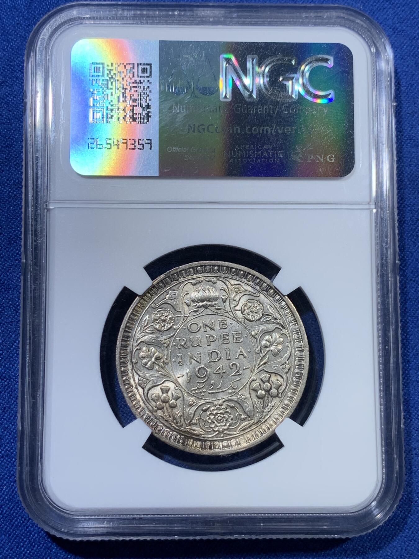 《竞宝斋》第313场 周日，周一 2场连拍 （全场包邮） NGC MS62 英属印度 1942年 乔治六世 1卢比 银币