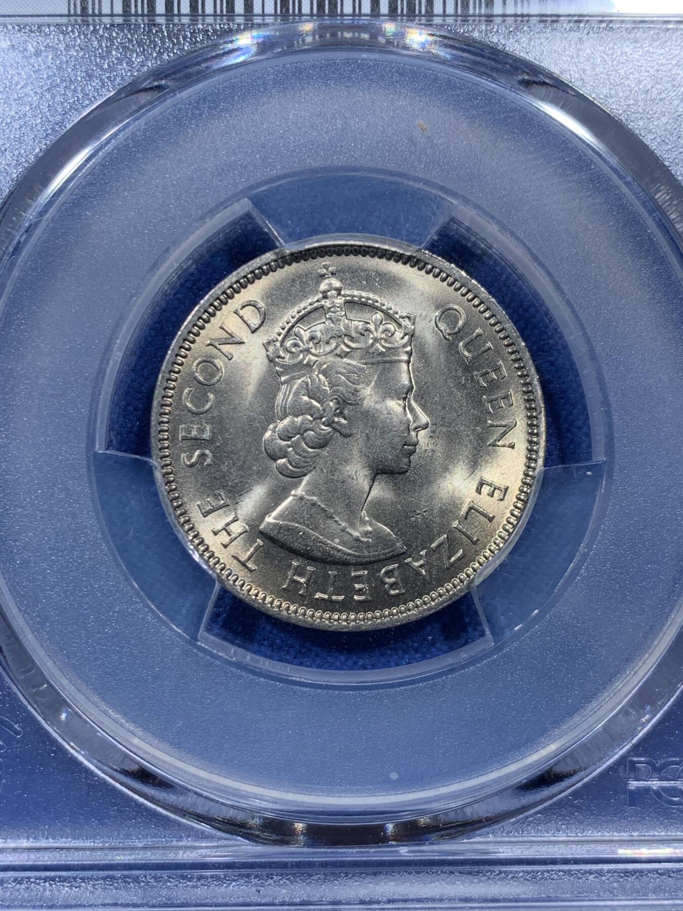 《竞宝斋》第313场 周日，周一 2场连拍 （全场包邮） PCGS MS65 香港1973年伊丽莎白二世头像高冠五毫镍币，车轮光状态低评