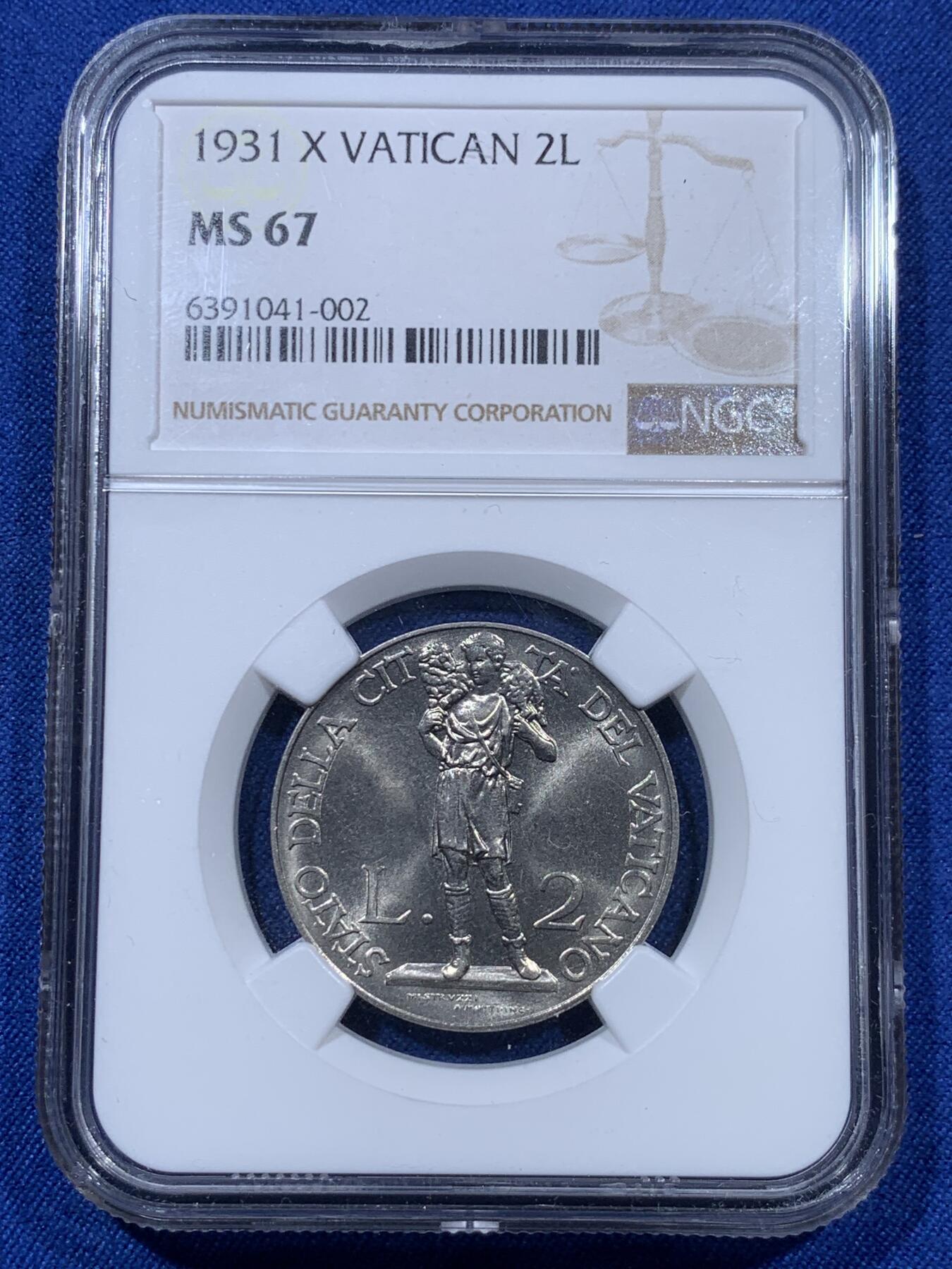 《竞宝斋》第313场 周日，周一 2场连拍 （全场包邮） NGC MS67 梵蒂冈1931年牧羊人2里拉镍币，唯一冠军分