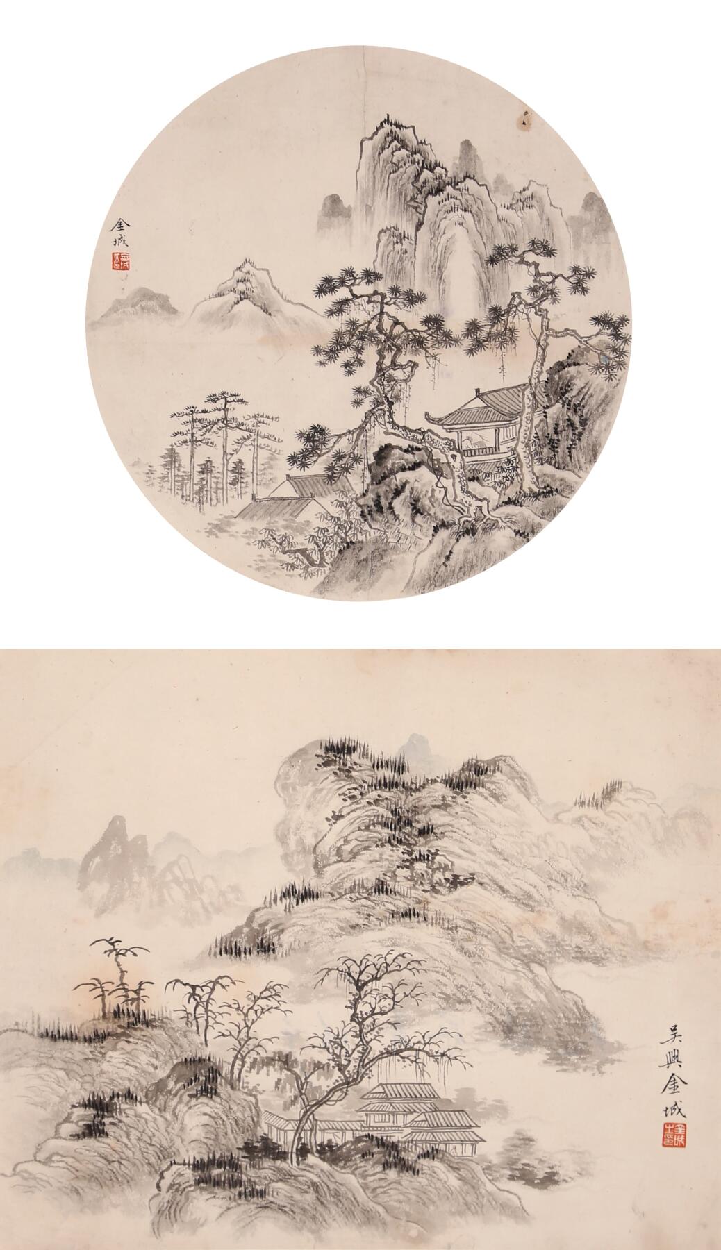 合拍寒食雅集-中国书画 金城 山水双挖 直径23cm，25×30cm