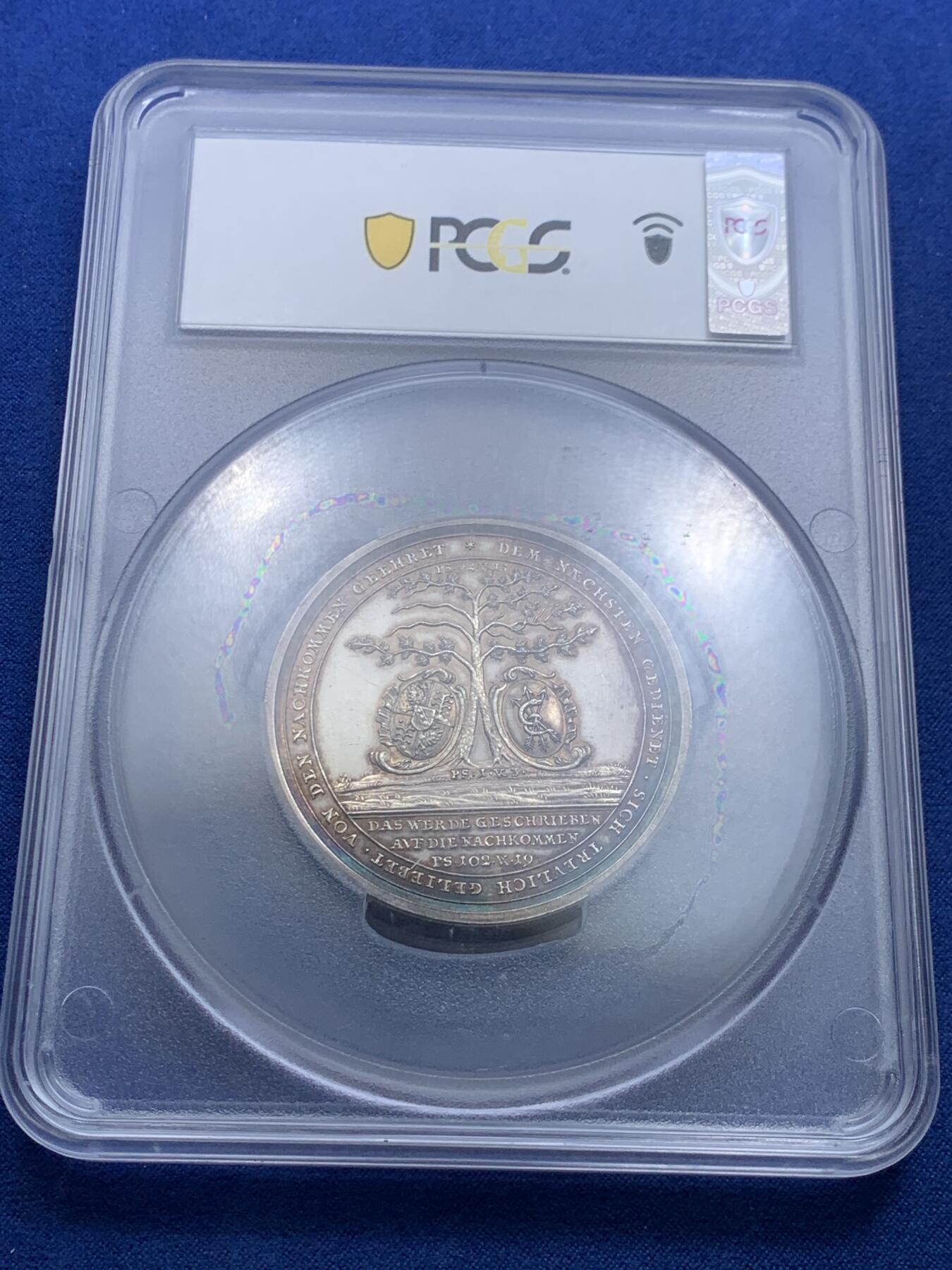 《竞宝斋》第313场 周日，周一 2场连拍 （全场包邮） PCGS SP61 德国 1761 迈纳茨哈根与施卢伊特 金婚纪念大银章 雕刻大师厄克斯林作品 极其稀少的品种