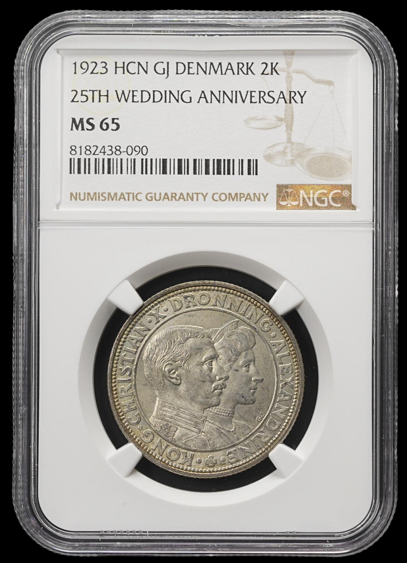 修遠堂世界钱币第四十二期 全场包邮 NGC MS65 1923年丹麦国王银婚纪念2克朗银币