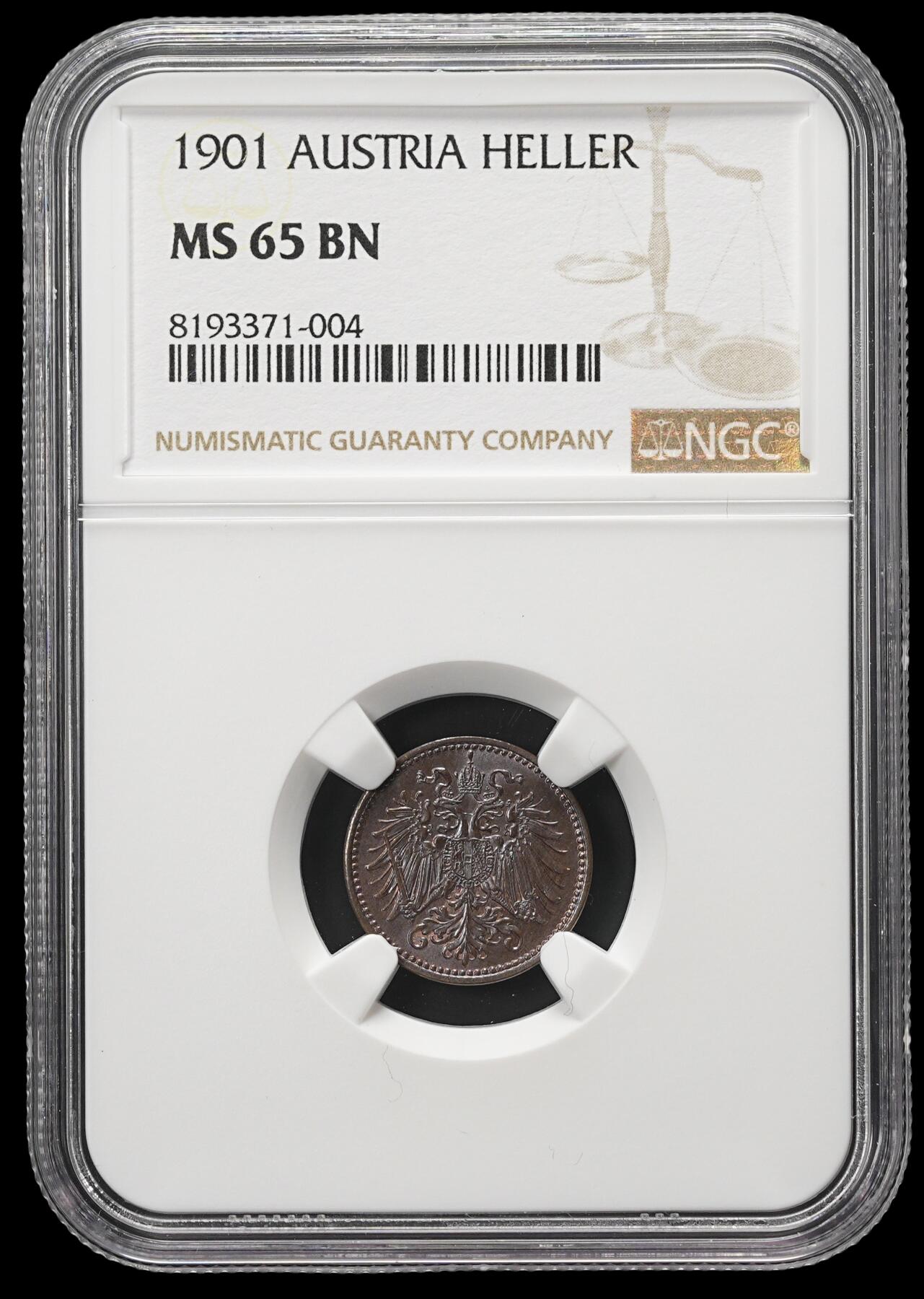 修遠堂世界钱币第四十二期 全场包邮 NGC MS65BN 1901年奥匈帝国1 HELLER铜币