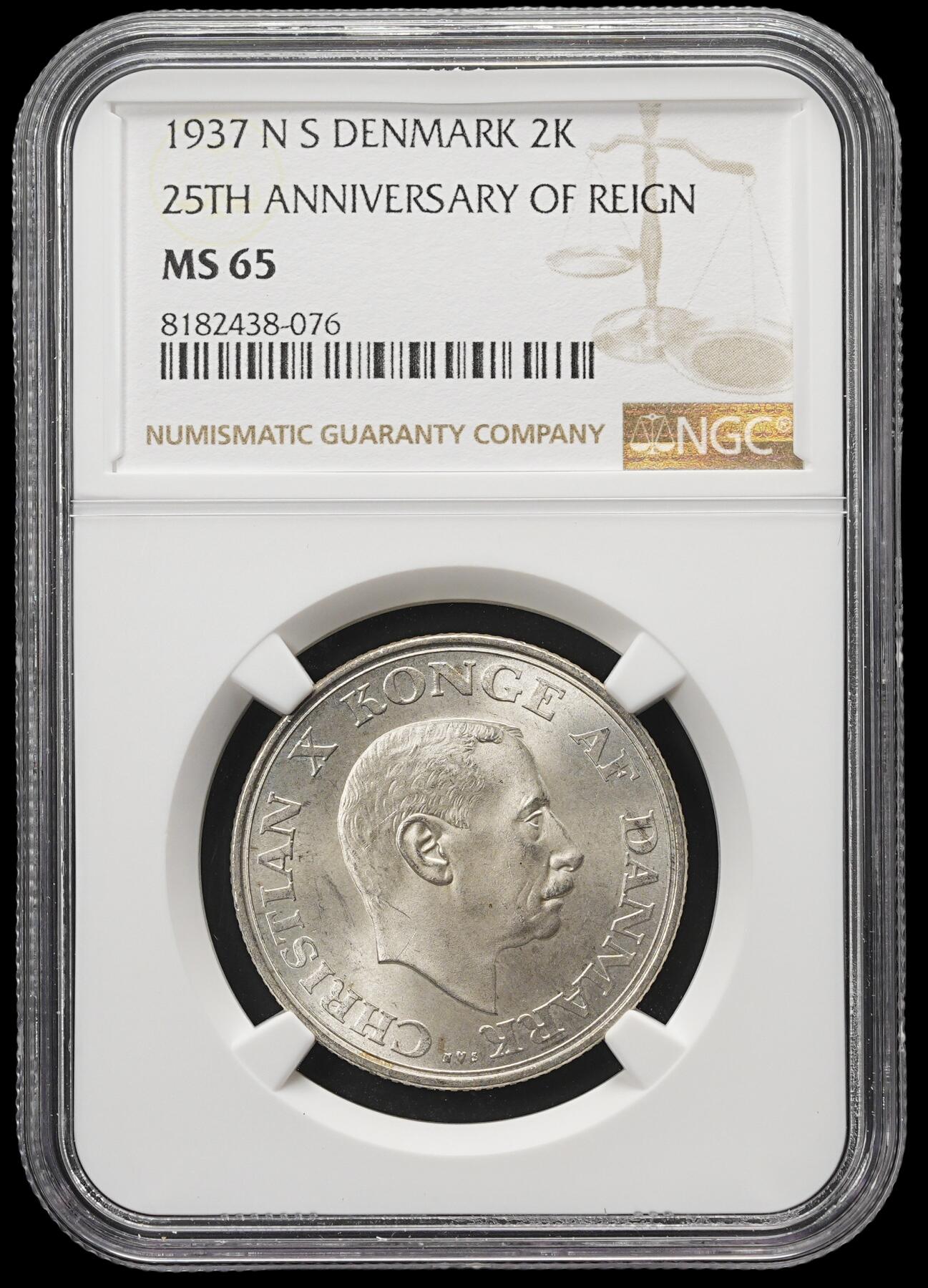修遠堂世界钱币第四十二期 全场包邮 NGC MS65 1937丹麦国王执政25周年纪念2克朗银币
