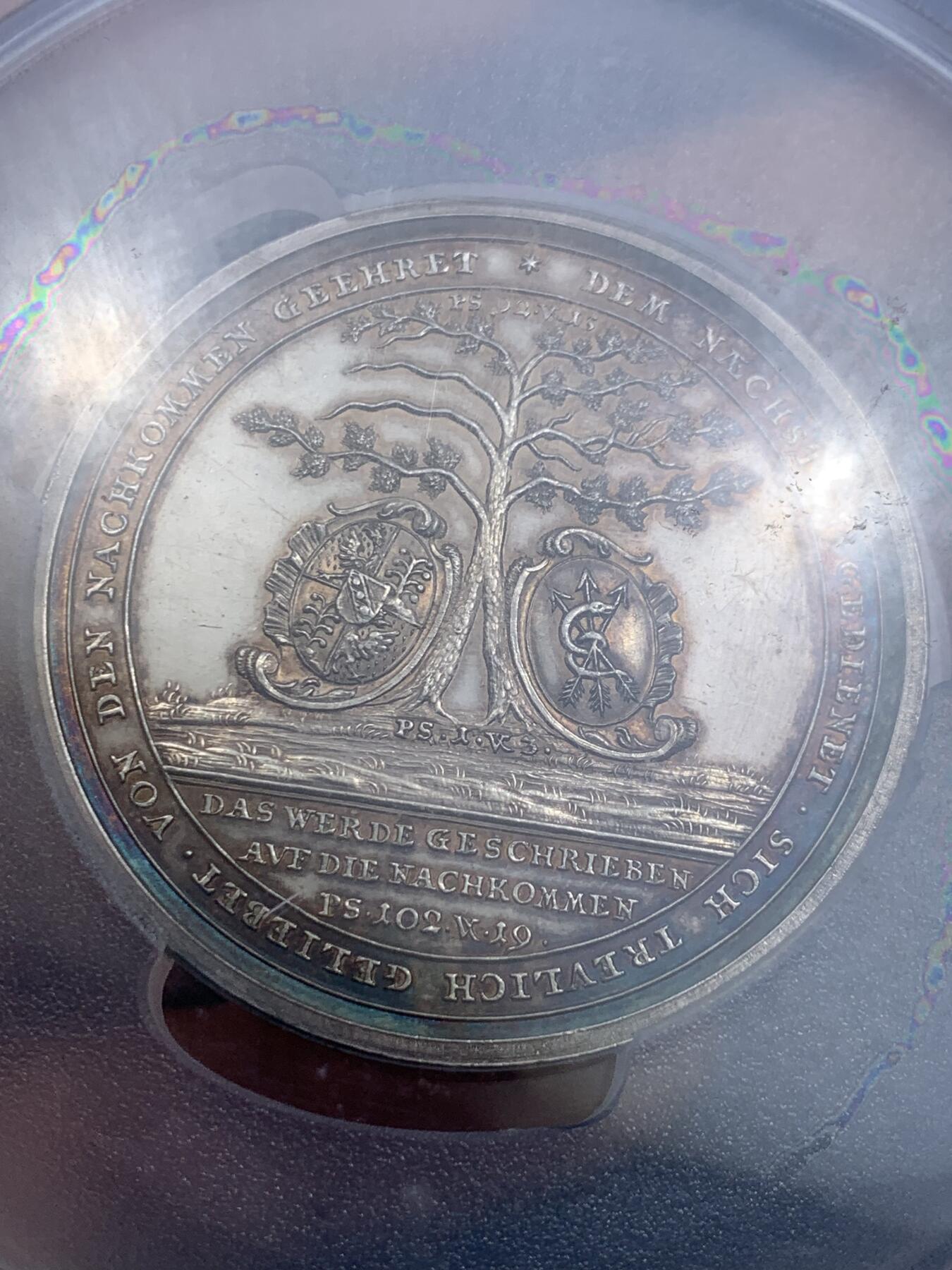 《竞宝斋》第313场 周日，周一 2场连拍 （全场包邮） PCGS SP61 德国 1761 迈纳茨哈根与施卢伊特 金婚纪念大银章 雕刻大师厄克斯林作品 极其稀少的品种