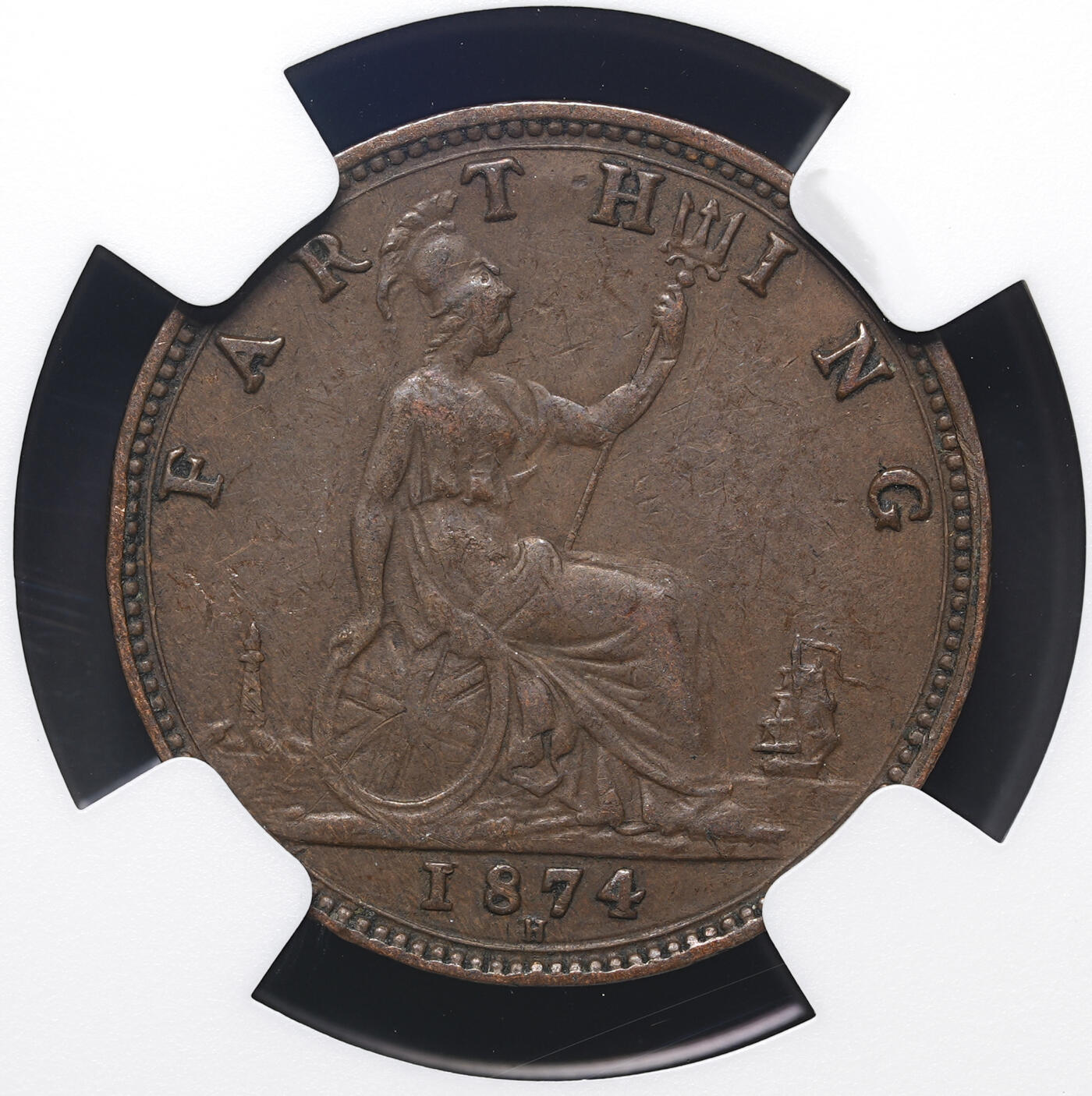 修遠堂世界钱币第四十二期 全场包邮 NGC AU50BN 1874年英国1法新铜币