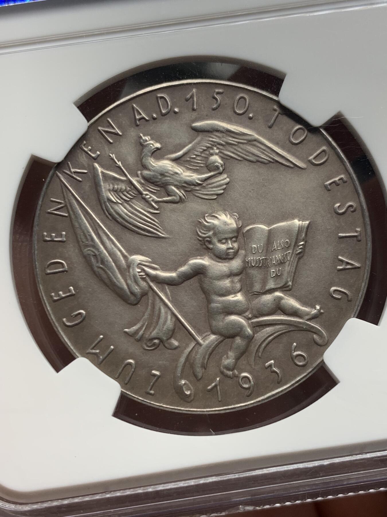 《竞宝斋》第313场 周日，周一 2场连拍 （全场包邮） 卡尔哥茨作品  NGC MS62 德国 1936 腓特烈大帝150 周年 纪念银章 少见品种