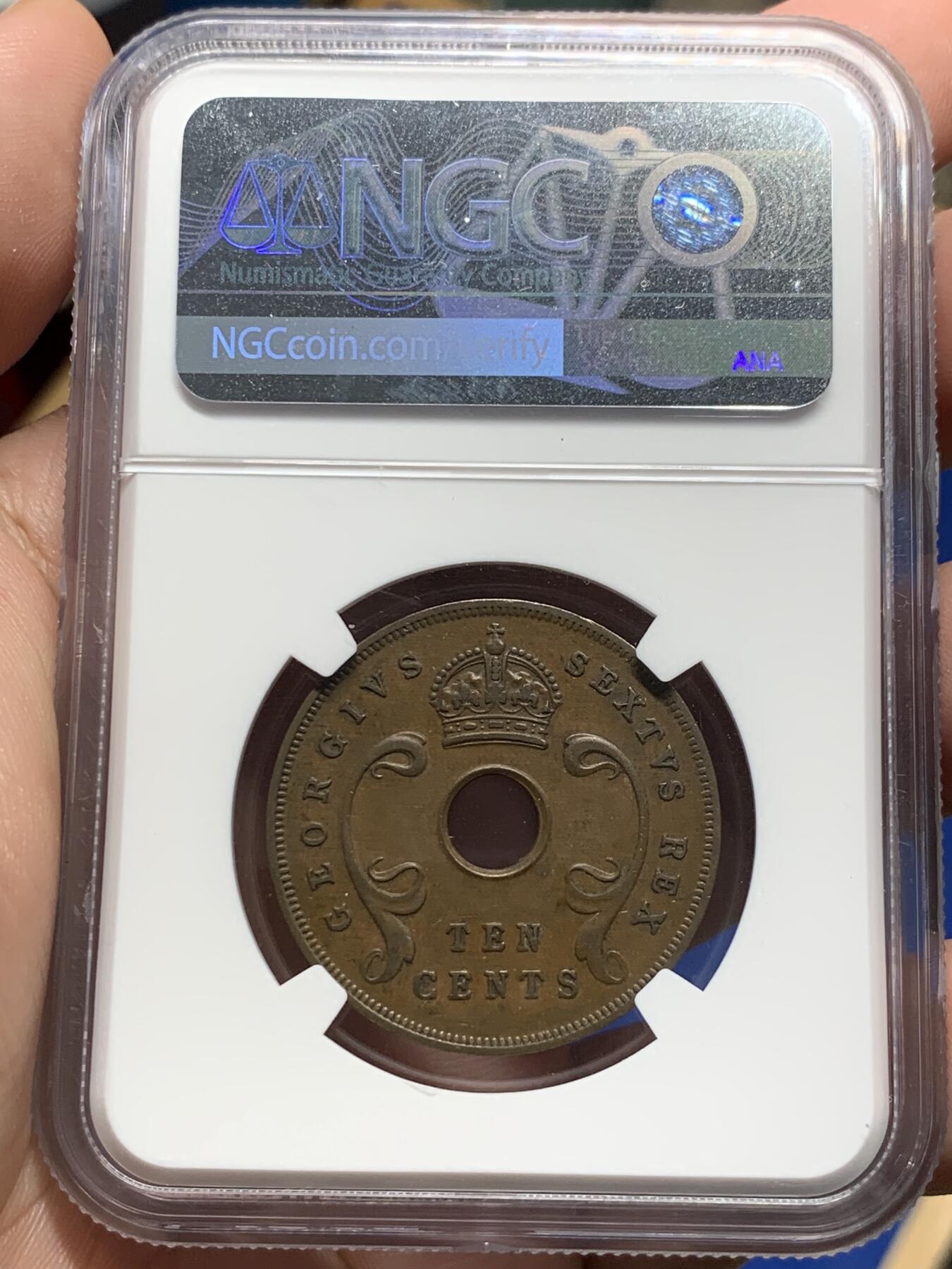 《竞宝斋》第313场 周日，周一 2场连拍 （全场包邮） NGC XF45BN 东非1951年中孔10分大铜币，状态不错。