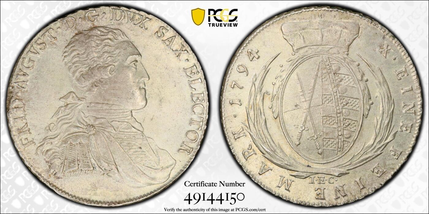 万国钱币拍卖第035期（金银流霞●万国秋季大拍） PCGS MS63 1794年德国萨克森IEC皇冠大泰勒 原味原光青金彩 完美币面无减重痕难得