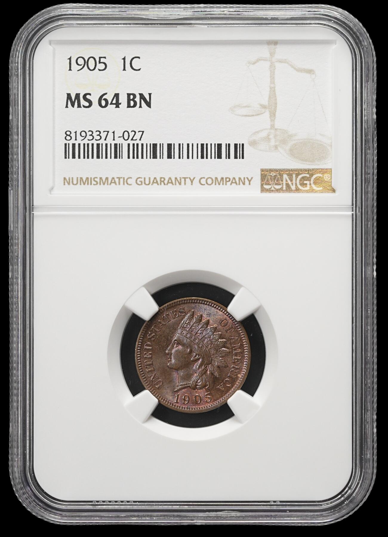 修遠堂世界钱币第四十二期 全场包邮 NGC MS64BN 1905年美国1美分铜币