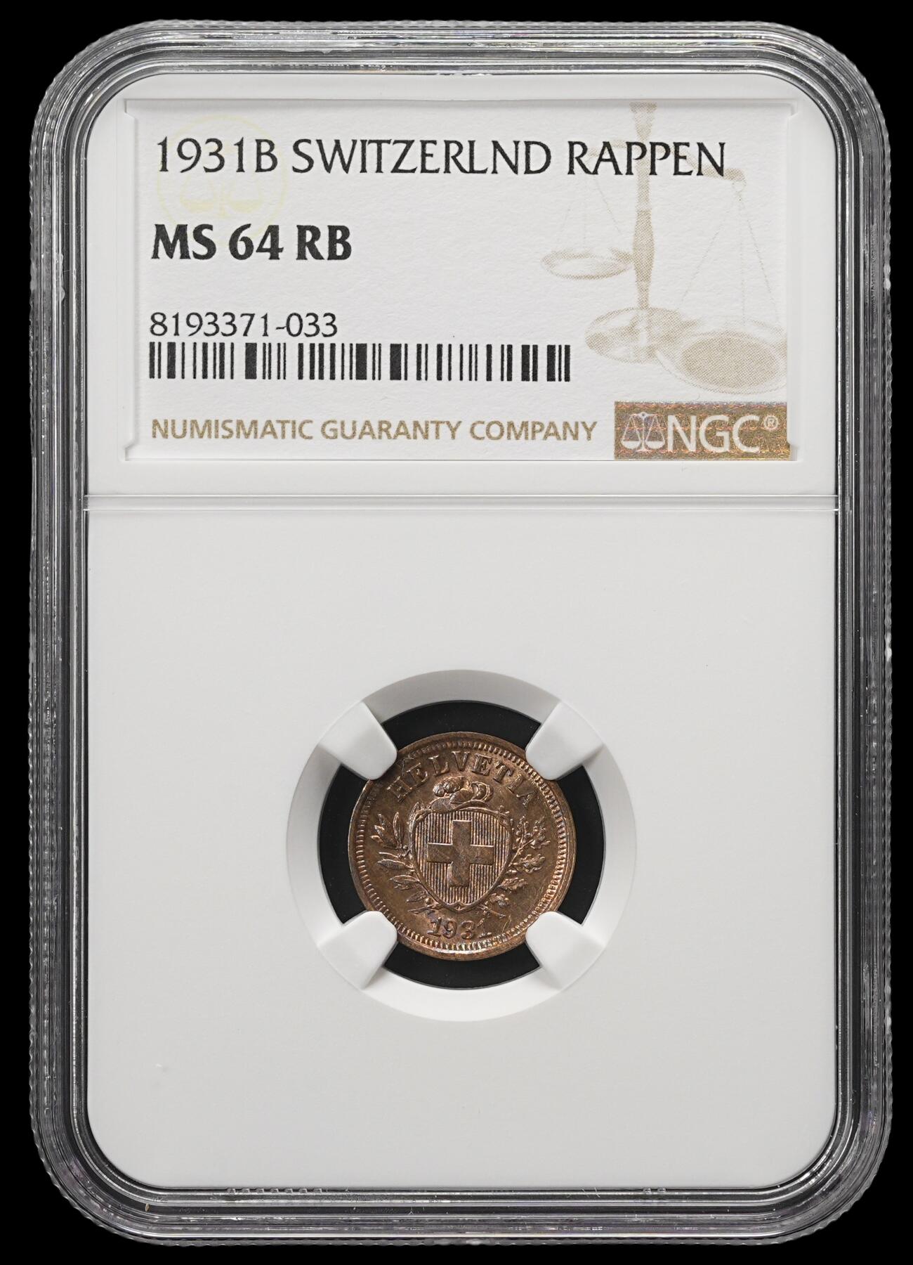 修遠堂世界钱币第四十二期 全场包邮 NGC MS64RB 1931年瑞士1 RAPPEN铜币