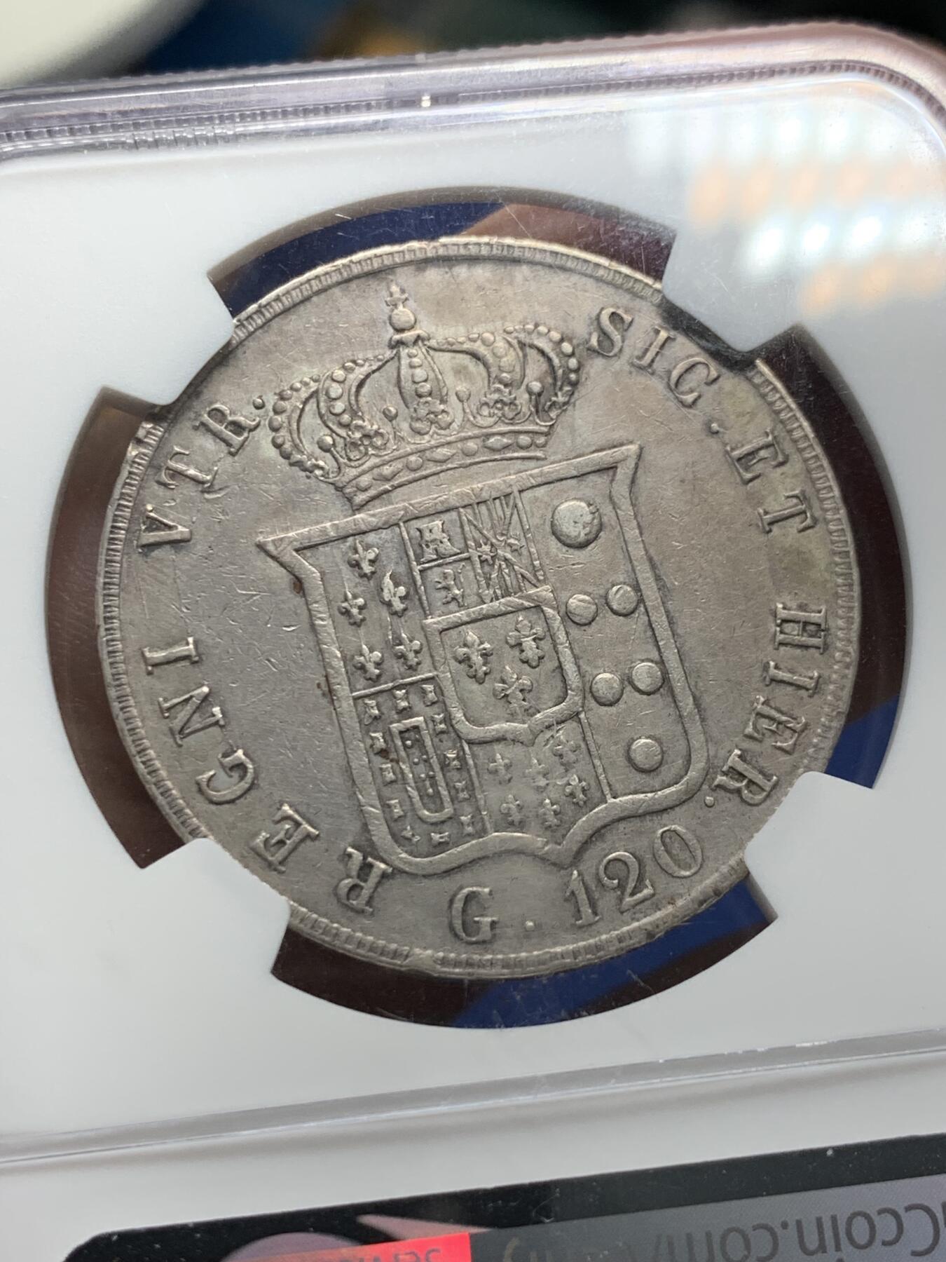 《竞宝斋》第313场 周日，周一 2场连拍 （全场包邮） NGC AUD 意大利1856年那不勒斯-西西里120G大银币