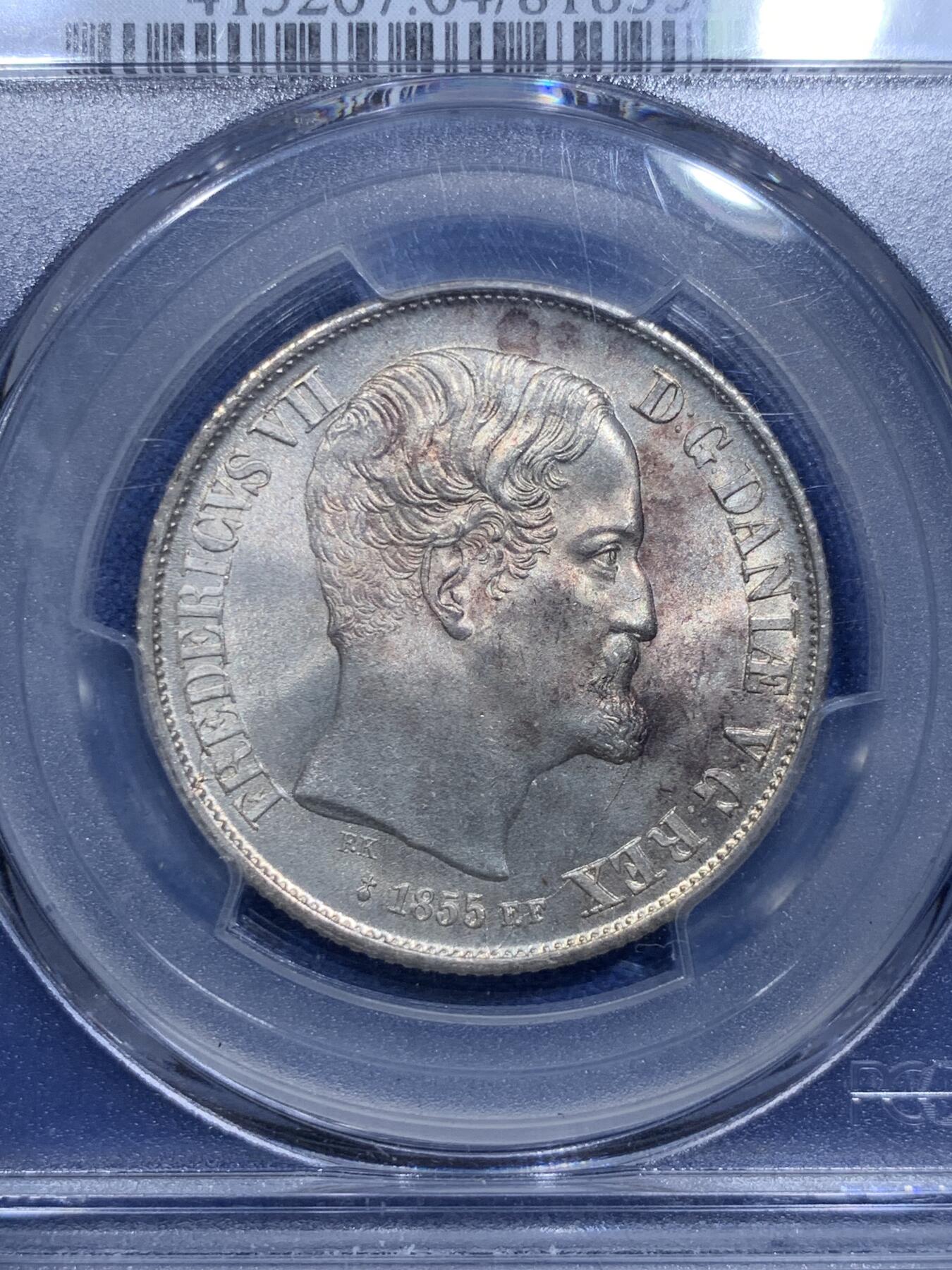 《竞宝斋》第313场 周日，周一 2场连拍 （全场包邮） PCGS MS64 丹麦 1855年  腓特烈七世 1R银币 早期丹麦 上MS高分不容易