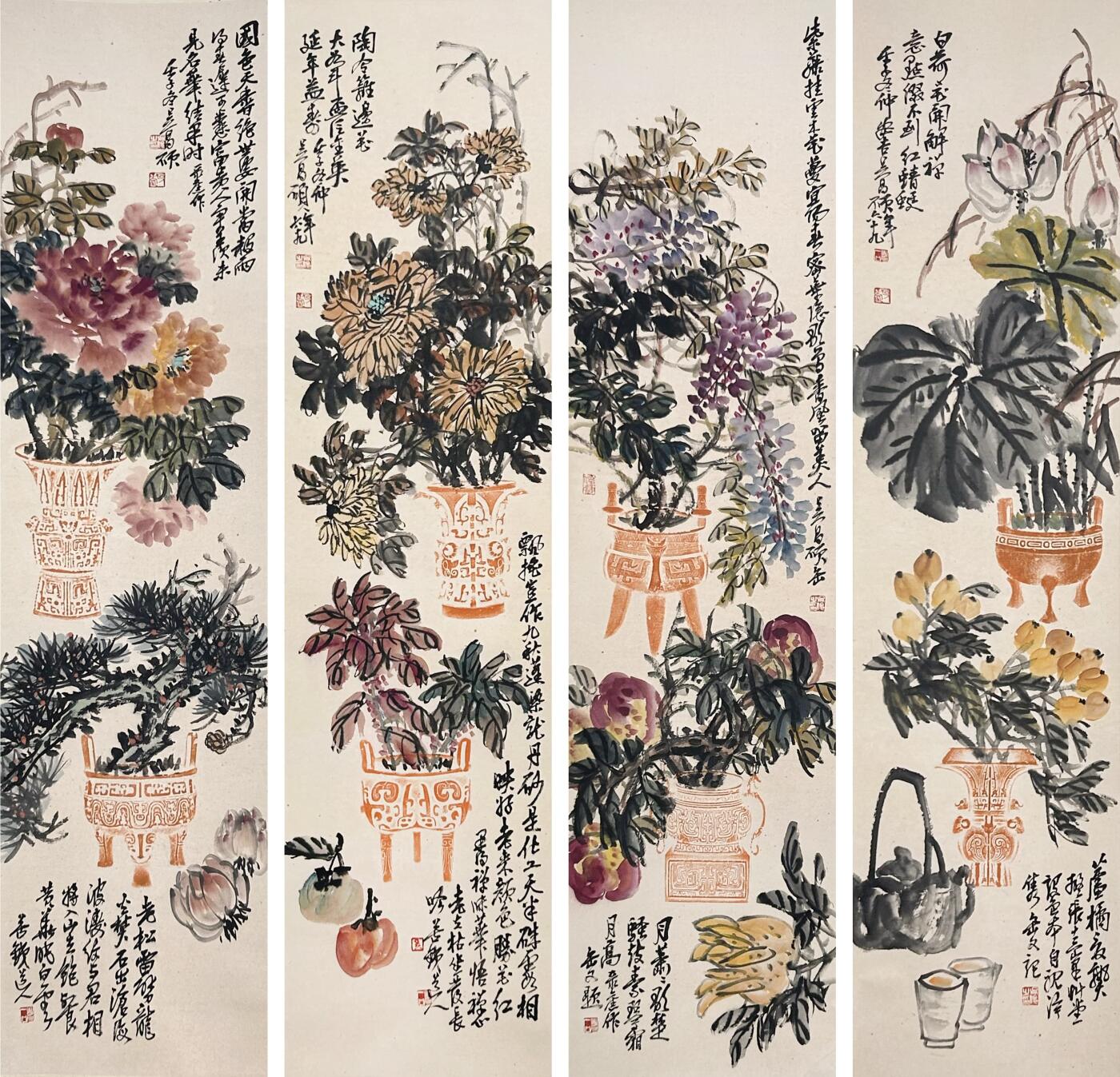 合拍寒食雅集-中国书画 吴昌硕 四季花果叠朱拓[四尺四屏] 136×34cm×4