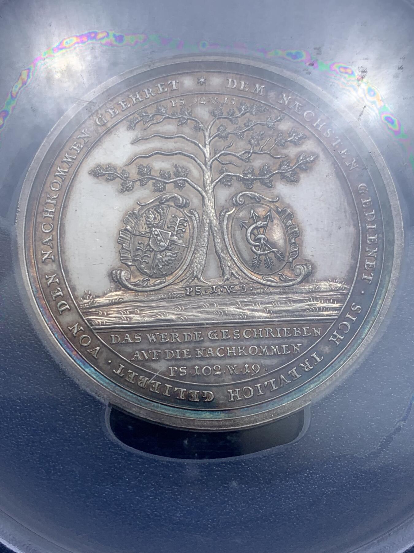 《竞宝斋》第313场 周日，周一 2场连拍 （全场包邮） PCGS SP61 德国 1761 迈纳茨哈根与施卢伊特 金婚纪念大银章 雕刻大师厄克斯林作品 极其稀少的品种