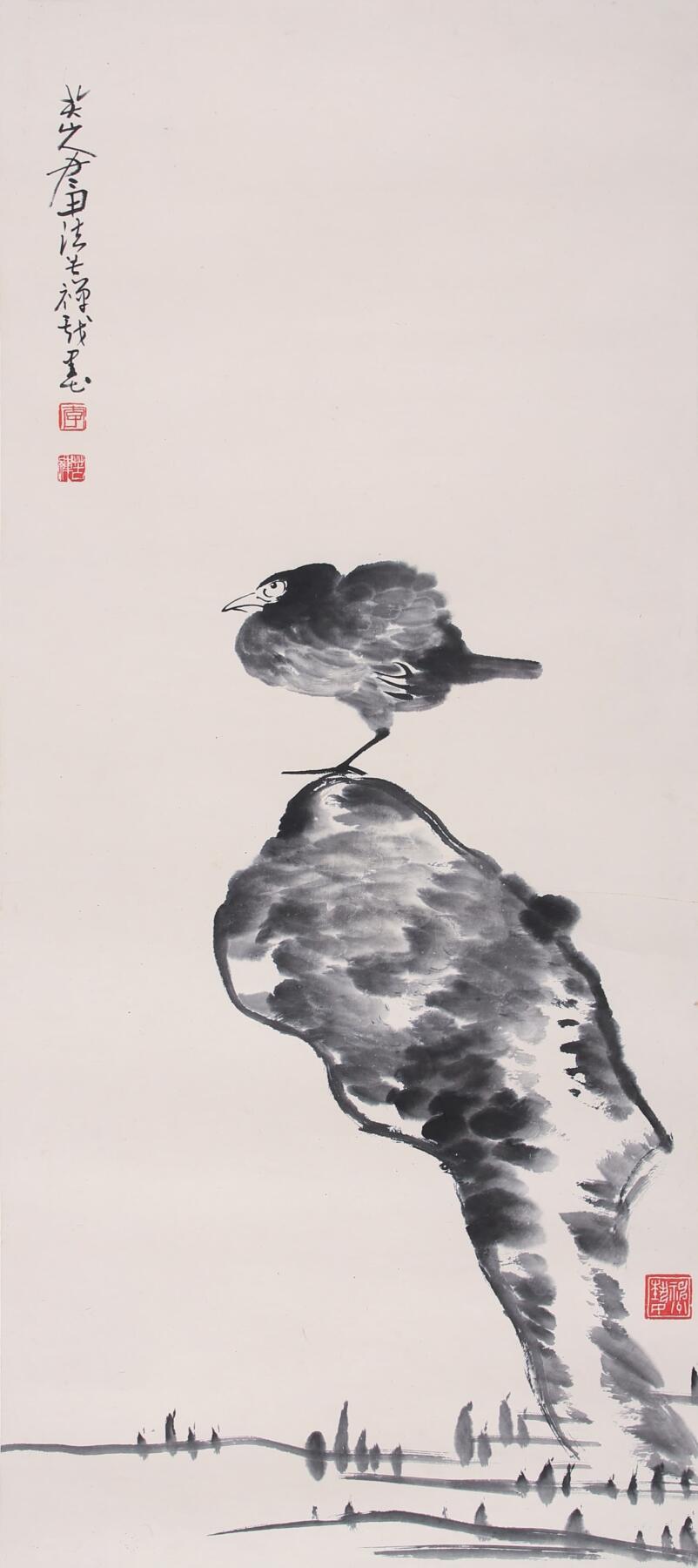 合拍寒食雅集-中国书画 李苦禅 鸟石图 87×38cm