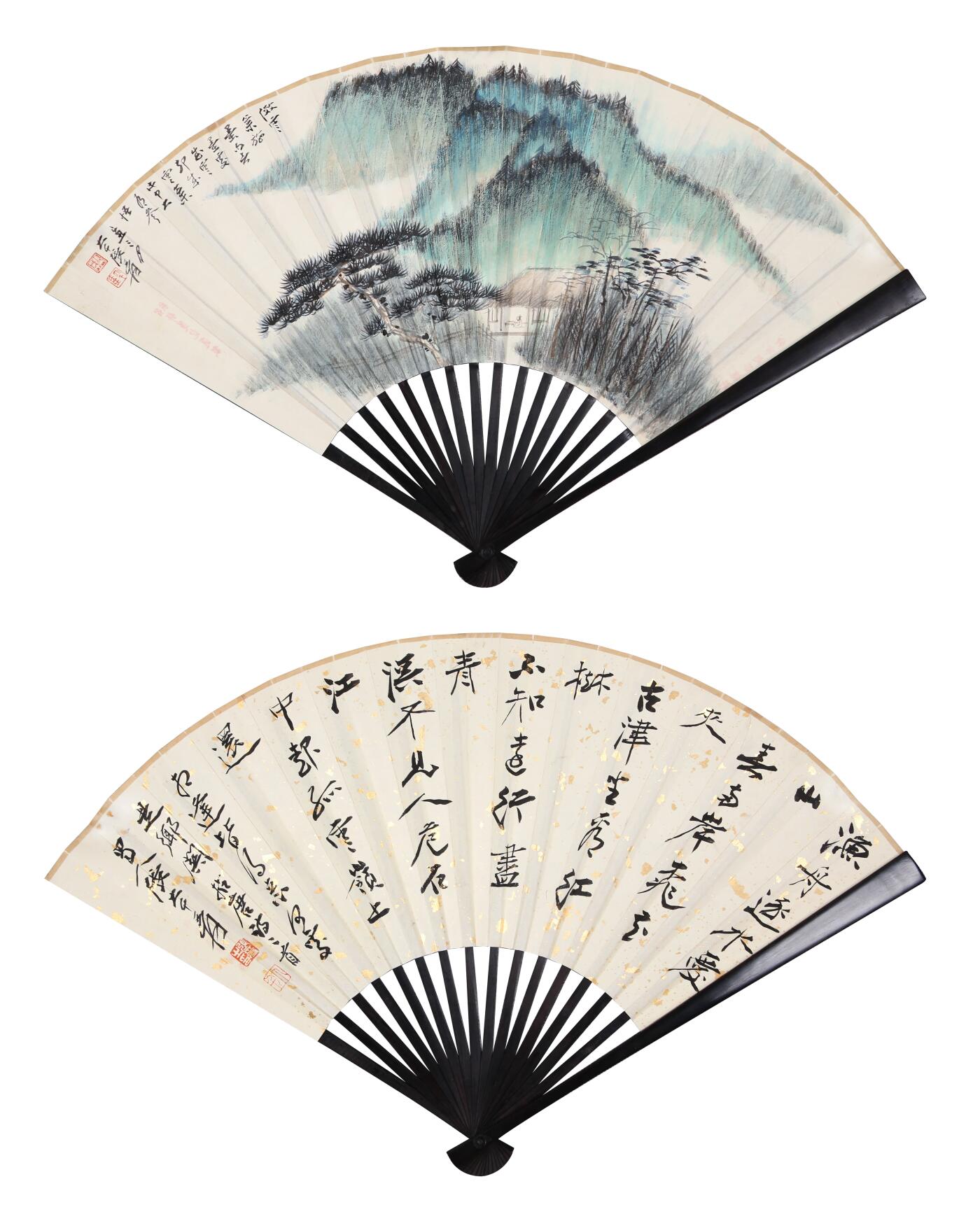 合拍寒食雅集-中国书画 张大千 书画成扇 18×51cm×2