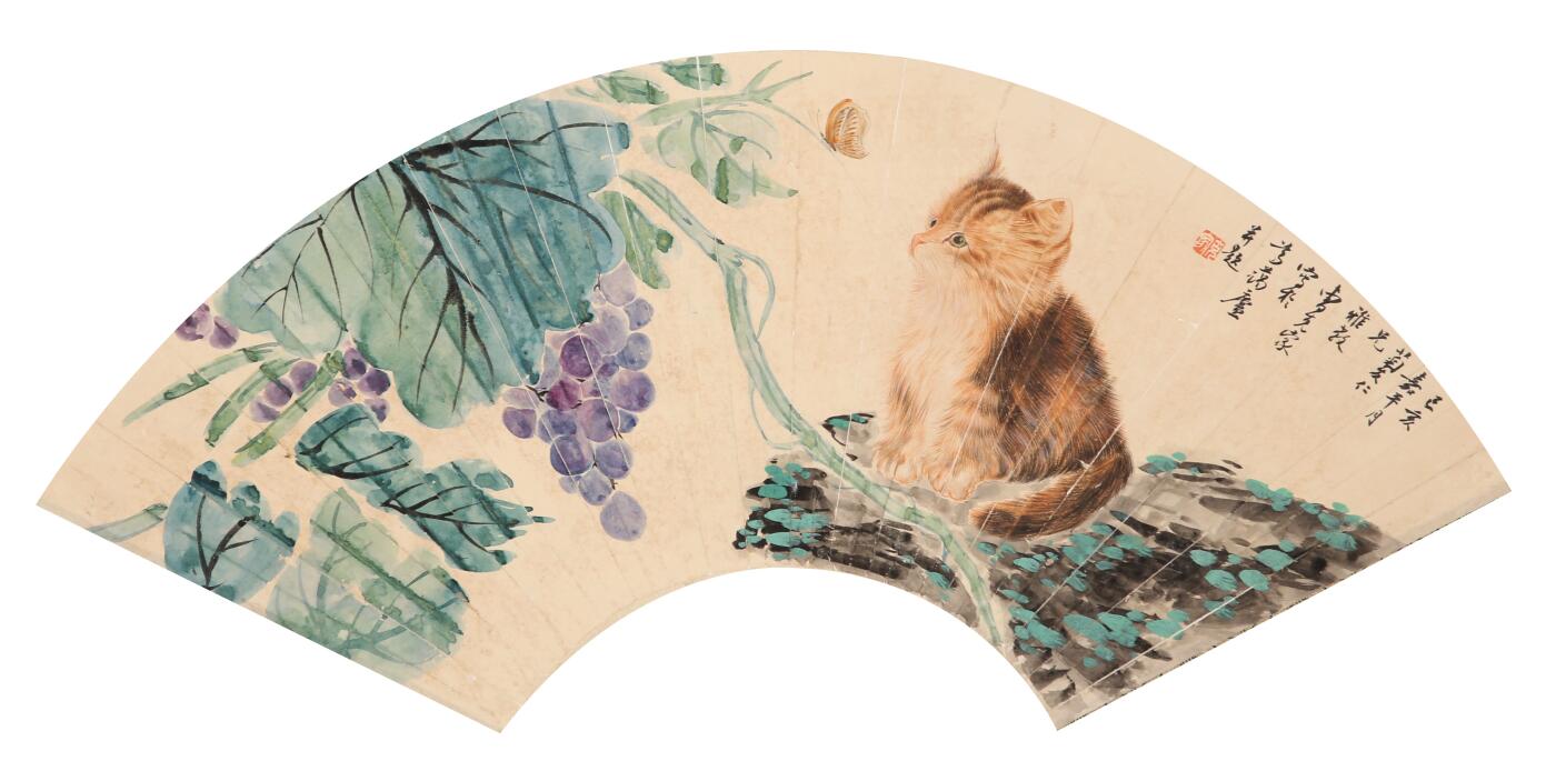 合拍寒食雅集-中国书画 曹克家 猫趣扇面 19×55cm