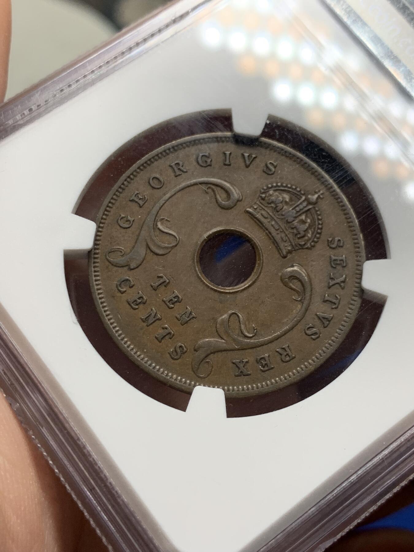 《竞宝斋》第313场 周日，周一 2场连拍 （全场包邮） NGC XF45BN 东非1951年中孔10分大铜币，状态不错。
