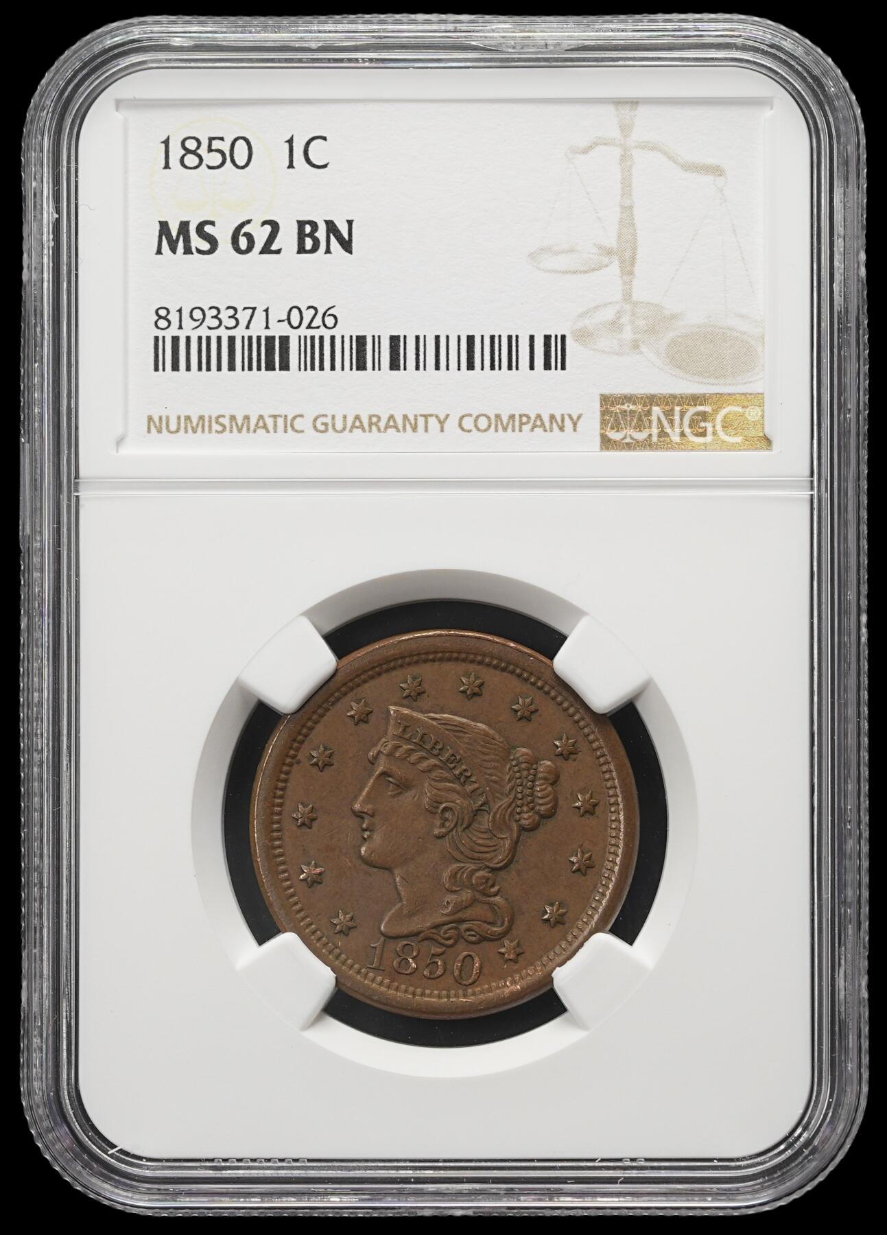 修遠堂世界钱币第四十二期 全场包邮 NGC MS62BN 1850年美国大型1美分铜币 NGC指导价280美金