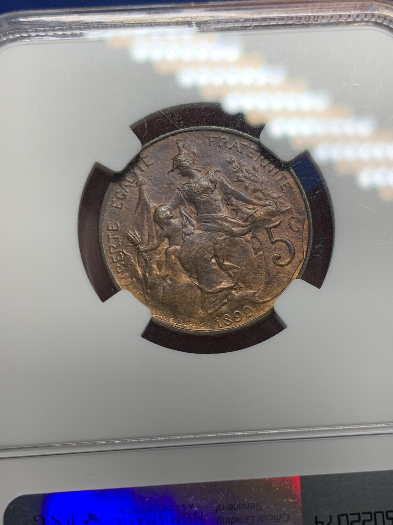 《竞宝斋》第313场 周日，周一 2场连拍 （全场包邮） NGC MS64BN 法国1899年5分铜币