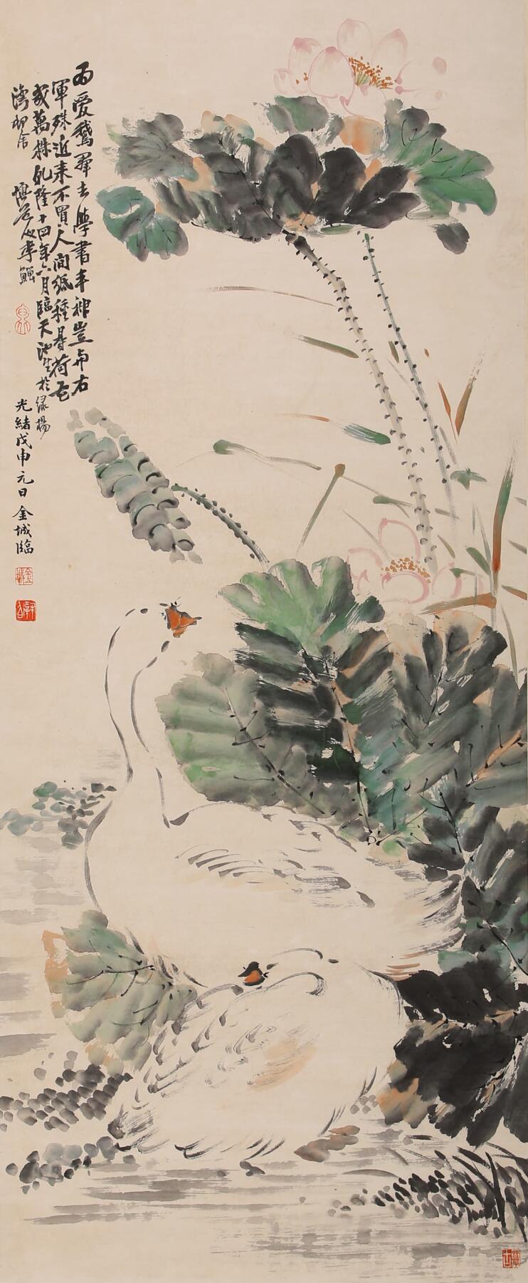 合拍寒食雅集-中国书画 金城 临李鱓爱鹅图 110×45cm