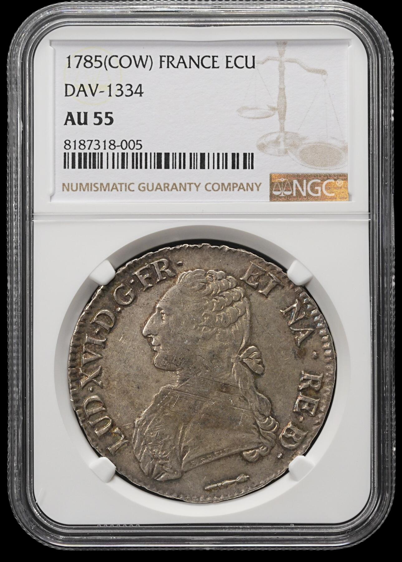 修遠堂世界钱币第四十二期 全场包邮 五彩 NGC AU55 1785年法国埃居大银币 路易十六 牛厂铭
