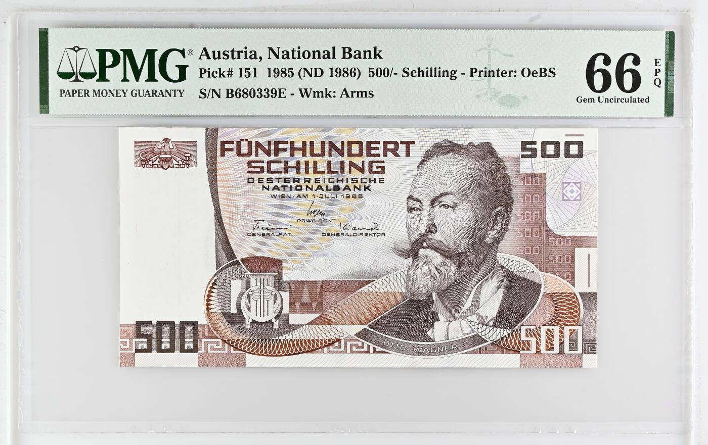 收藏联盟Quantum Auction 第380期拍卖  奥地利1985 (ND 1986)年500先令 PMG66 号码无457 