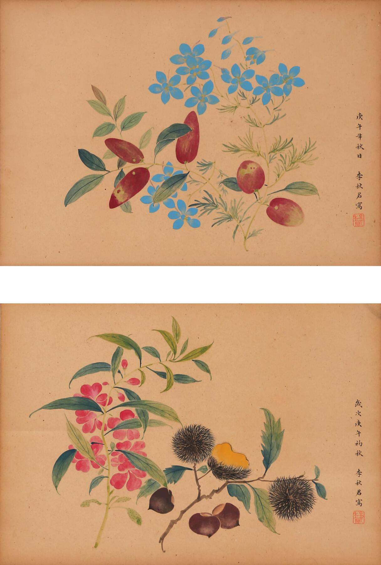 合拍寒食雅集-中国书画 李秋君 花果双挖 27×38cm×2