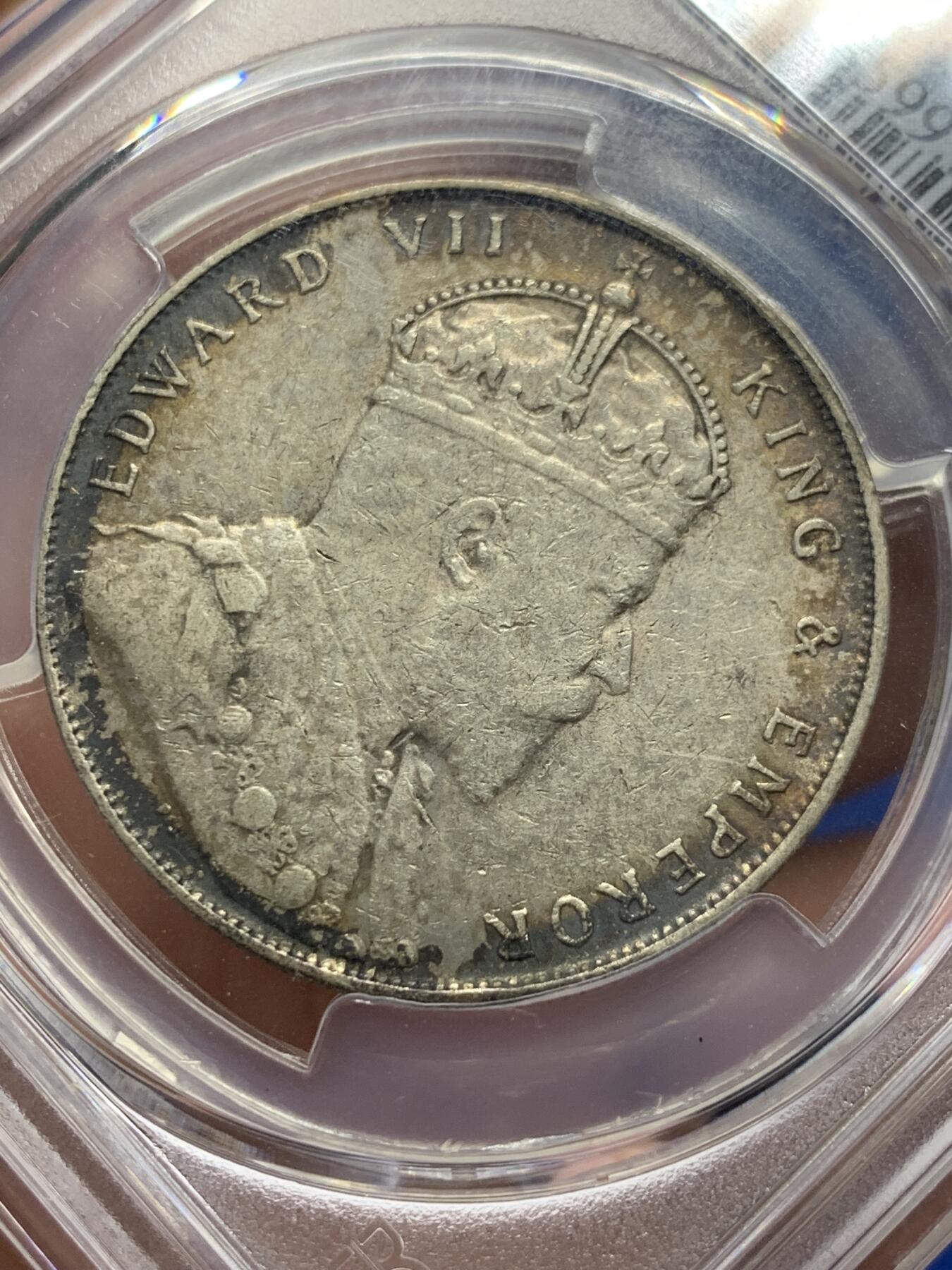《竞宝斋》第313场 周日，周一 2场连拍 （全场包邮） PCGS AU53 英属海峡1907H喜敦版爱七海峡一元银币，老包浆