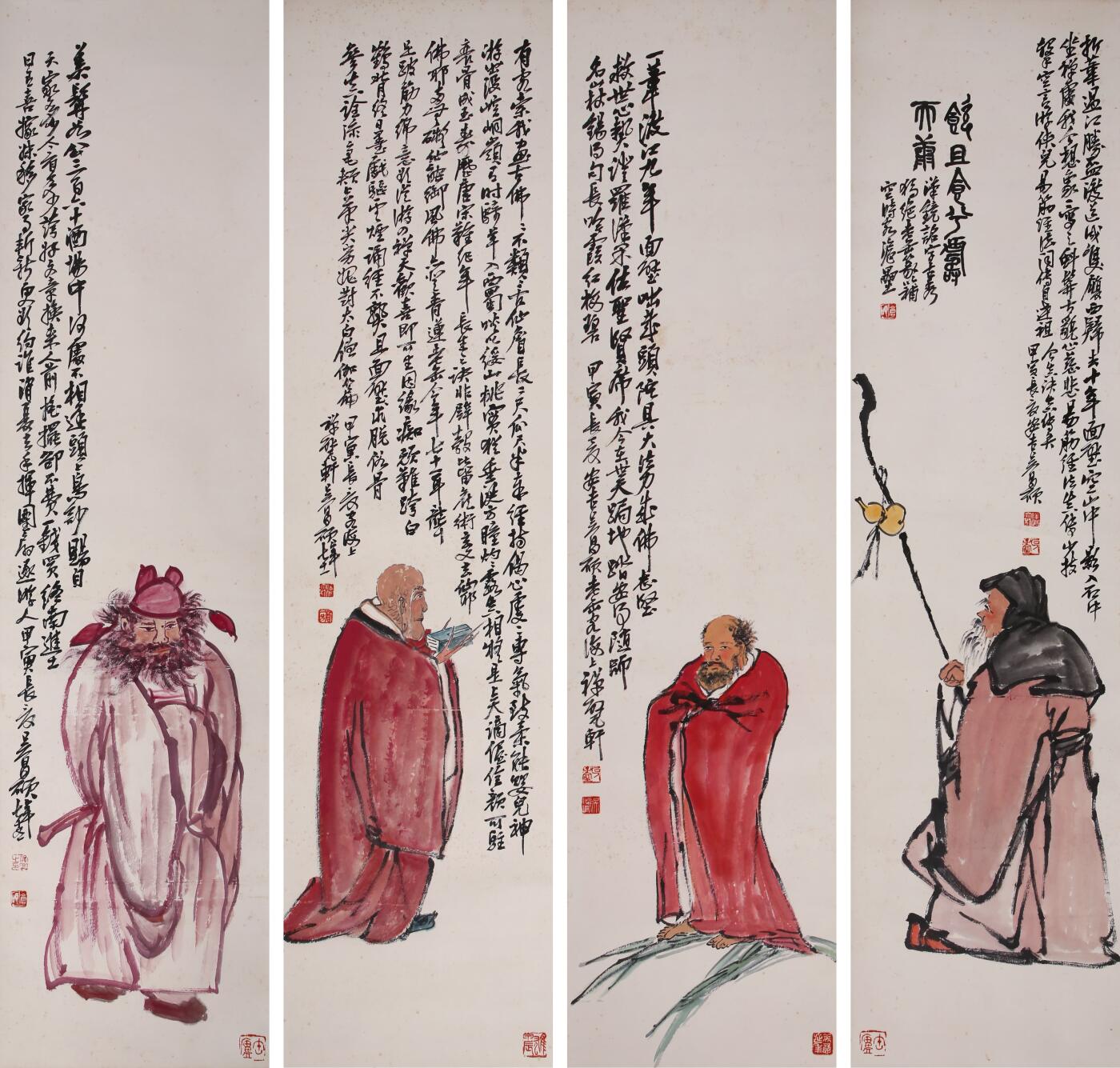 合拍寒食雅集-中国书画 吴昌硕 罗汉四屏 134×33cm×4