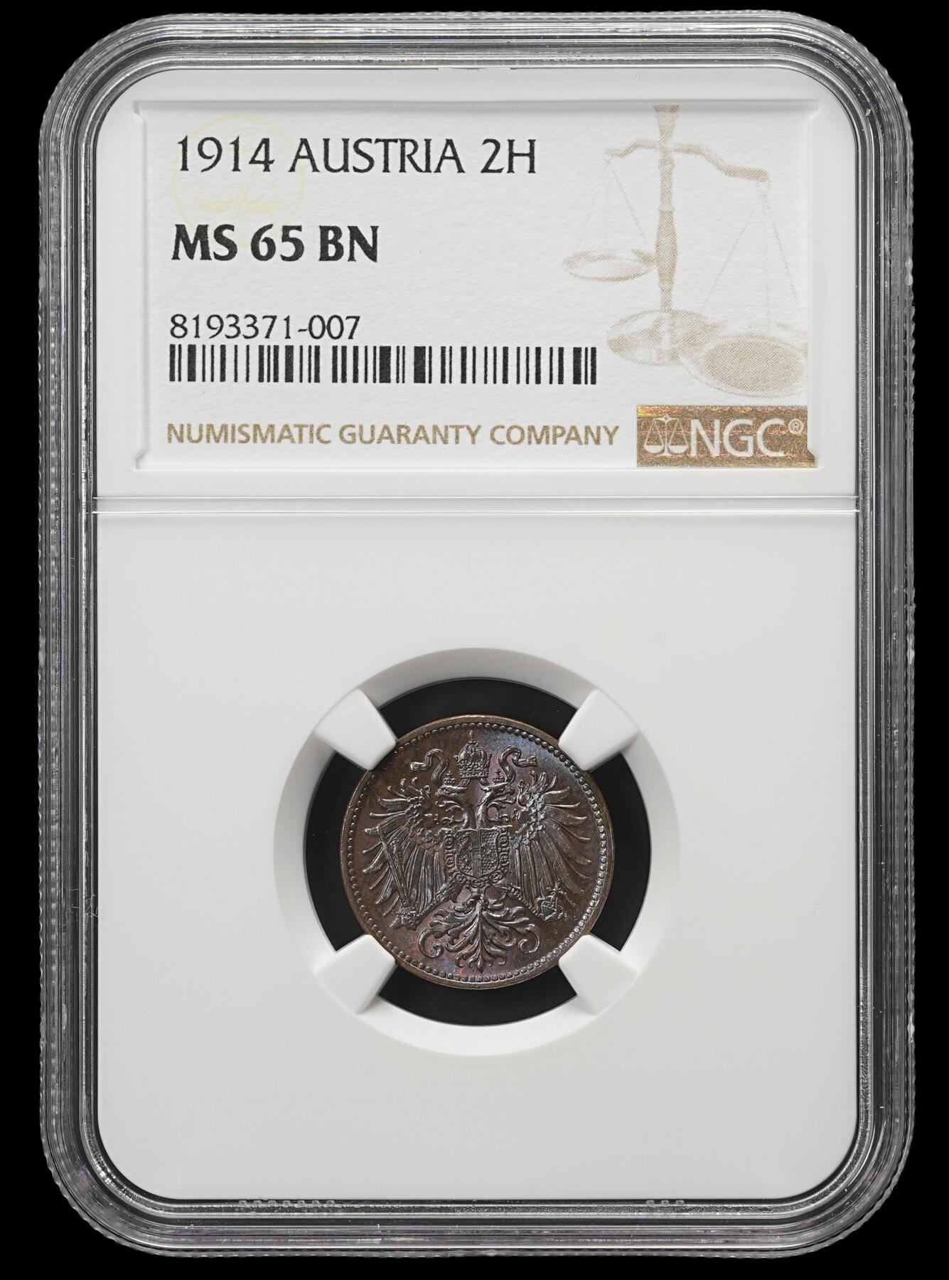 修遠堂世界钱币第四十二期 全场包邮 NGC MS65BN 1914年奥匈帝国2 HELLER铜币