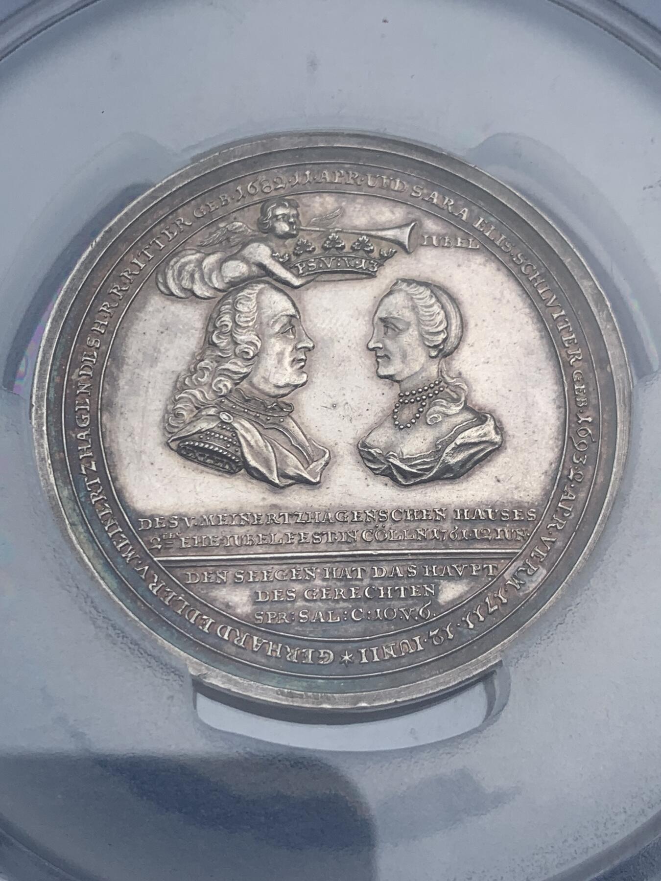 《竞宝斋》第313场 周日，周一 2场连拍 （全场包邮） PCGS SP61 德国 1761 迈纳茨哈根与施卢伊特 金婚纪念大银章 雕刻大师厄克斯林作品 极其稀少的品种