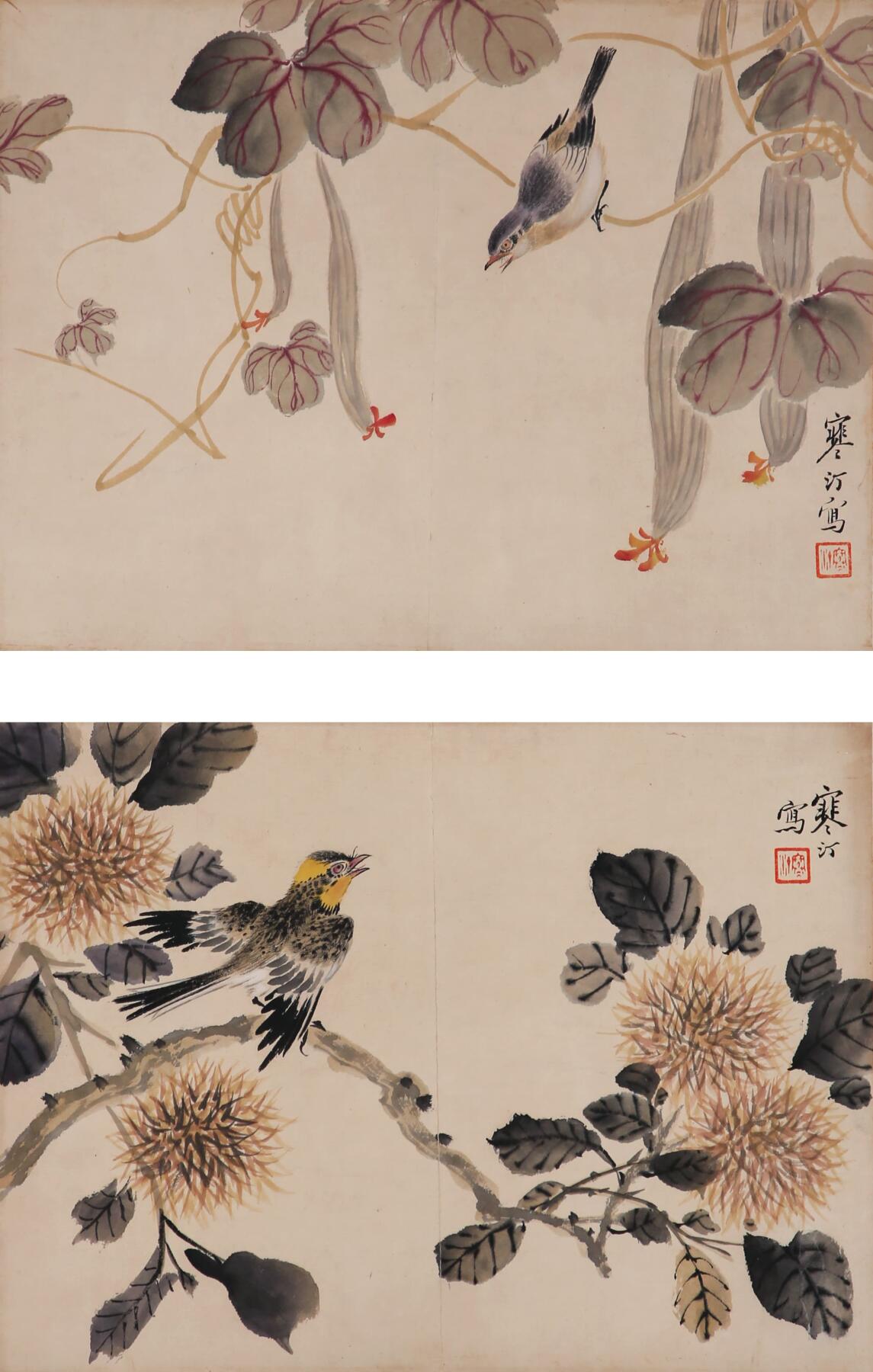 合拍寒食雅集-中国书画 江寒汀 花鸟双挖 23×30cm×2