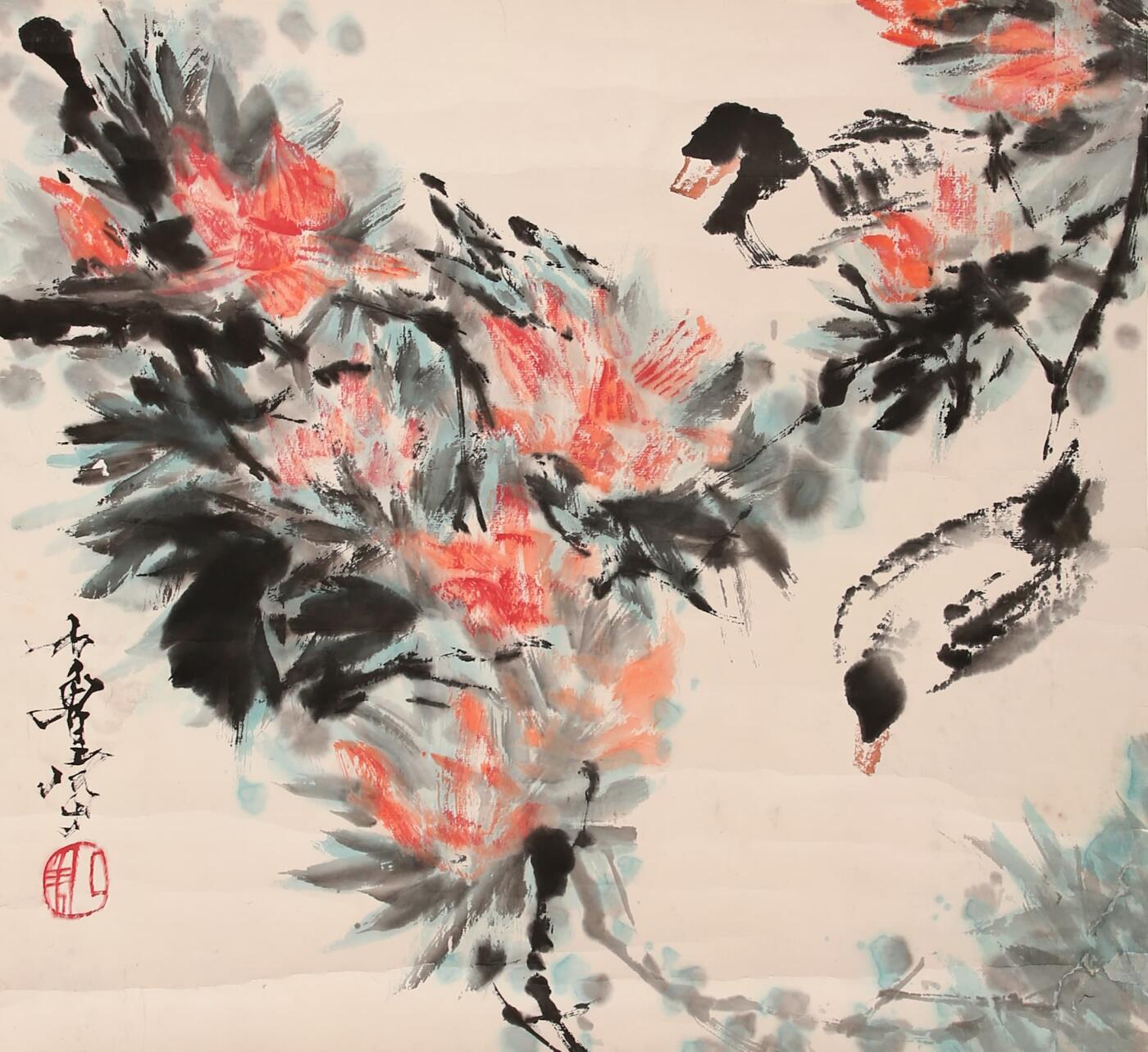 合拍寒食雅集-中国书画 石鲁 花卉双禽 54×58cm