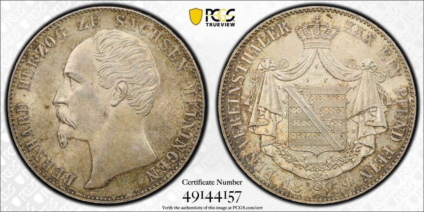 万国钱币拍卖第035期（金银流霞●万国秋季大拍） PCGS MS64 1859年德国萨克森-梅宁根大窗帘盾徽流通1泰勒 小邦中的极难品种，原味深打，五彩转光，PC冠军分。
