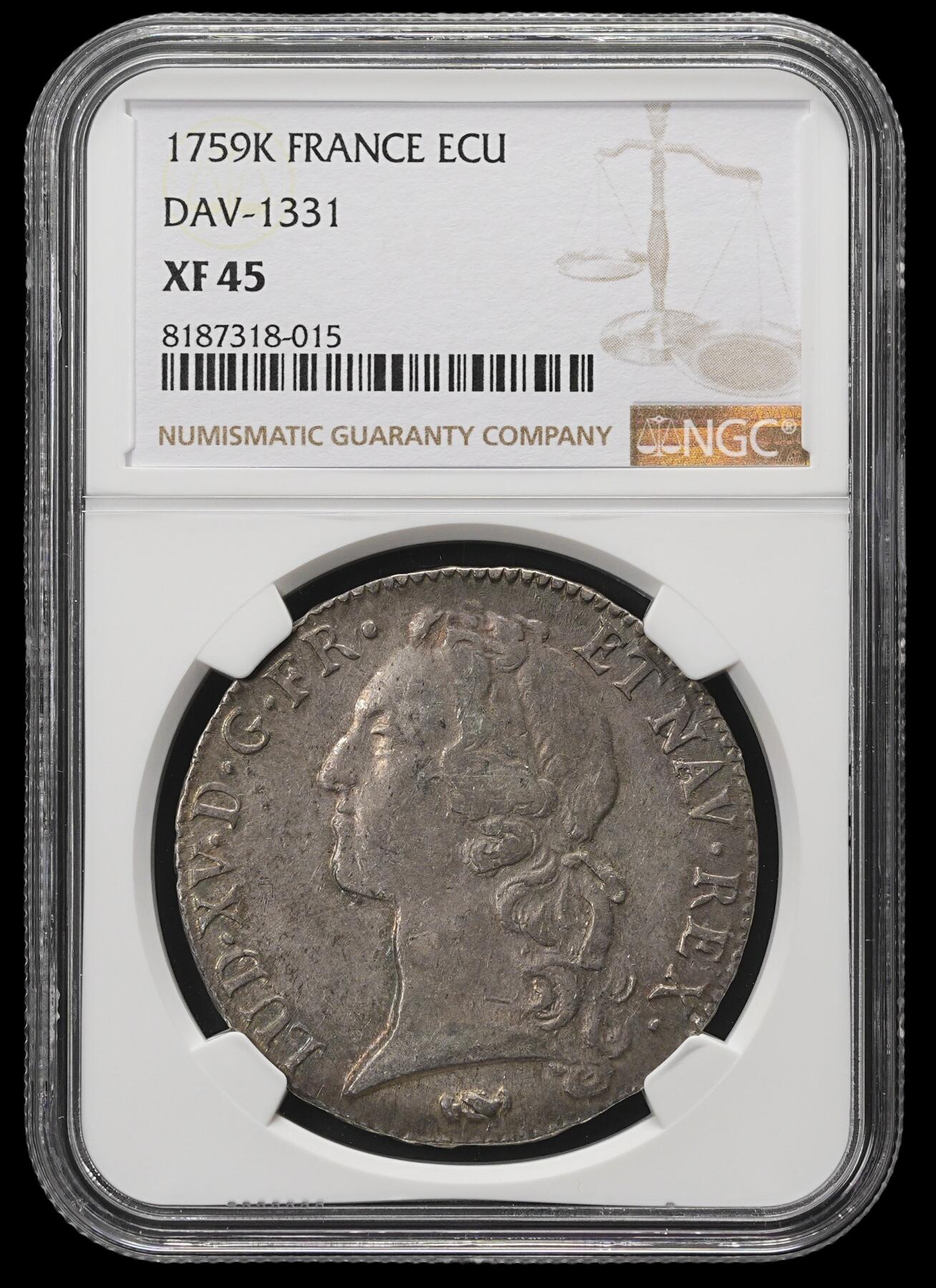 修遠堂世界钱币第四十二期 全场包邮 五彩 NGC XF45 1759年法国埃居大银币 路易十五 K厂铭